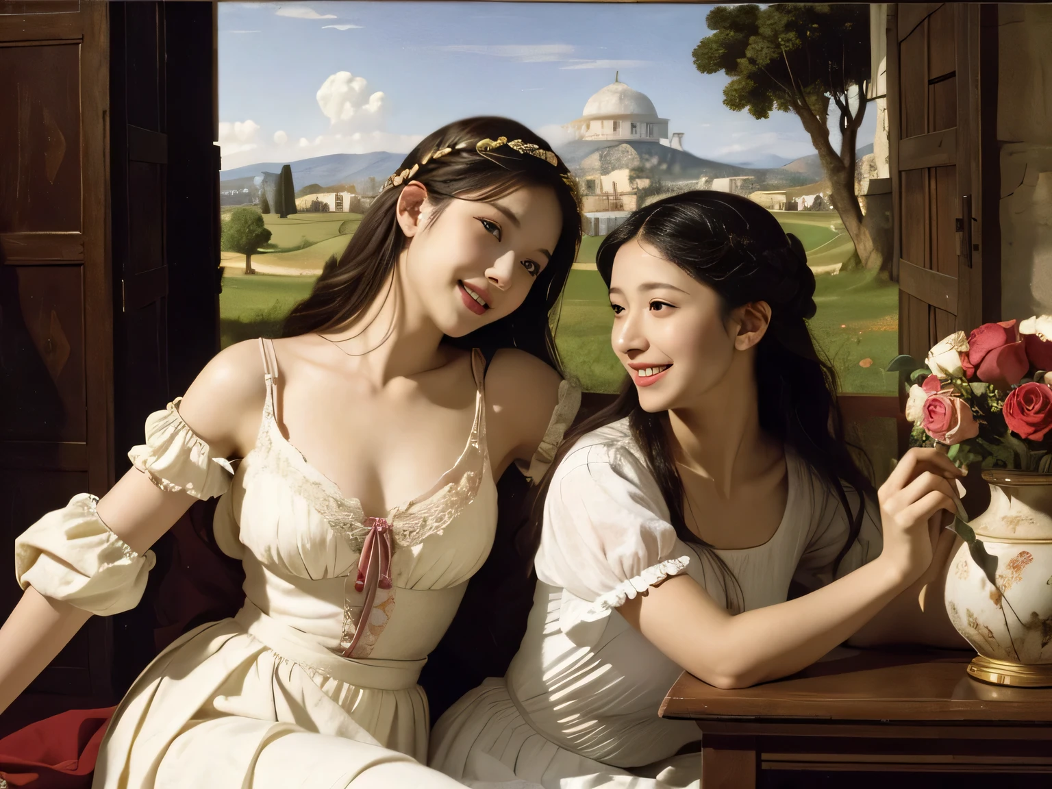 Giorgione painting style,Arguments of two female Philosophe,math、astronomical machine、astronaut、roses in vase、fruits、Cute trinkets、smile、ancient greek costume、Ancient Roman landscape in the style of Nicolas Poussin,laughter,,Sweet and seductive appearance.、Caravaggio's paintings、Chiaroscuro of Caravaggio、hair tousled by the wind,Two women frolicking,cute smile, expression of ecstasy,Sexy,erotic