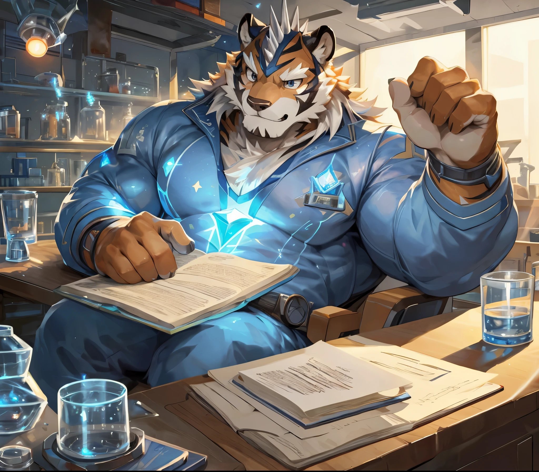 masterpiece,high quality,anime,detailed eyes,furry male White Tiger, Ryekie, Great physique,strong arms manly, in the Big School, Studying on the Room, Laboratory, Scientist suit, analyzing the project, (Star Spark), Shimmering Magic crystal, Serious, by null-ghost,by pino daeni