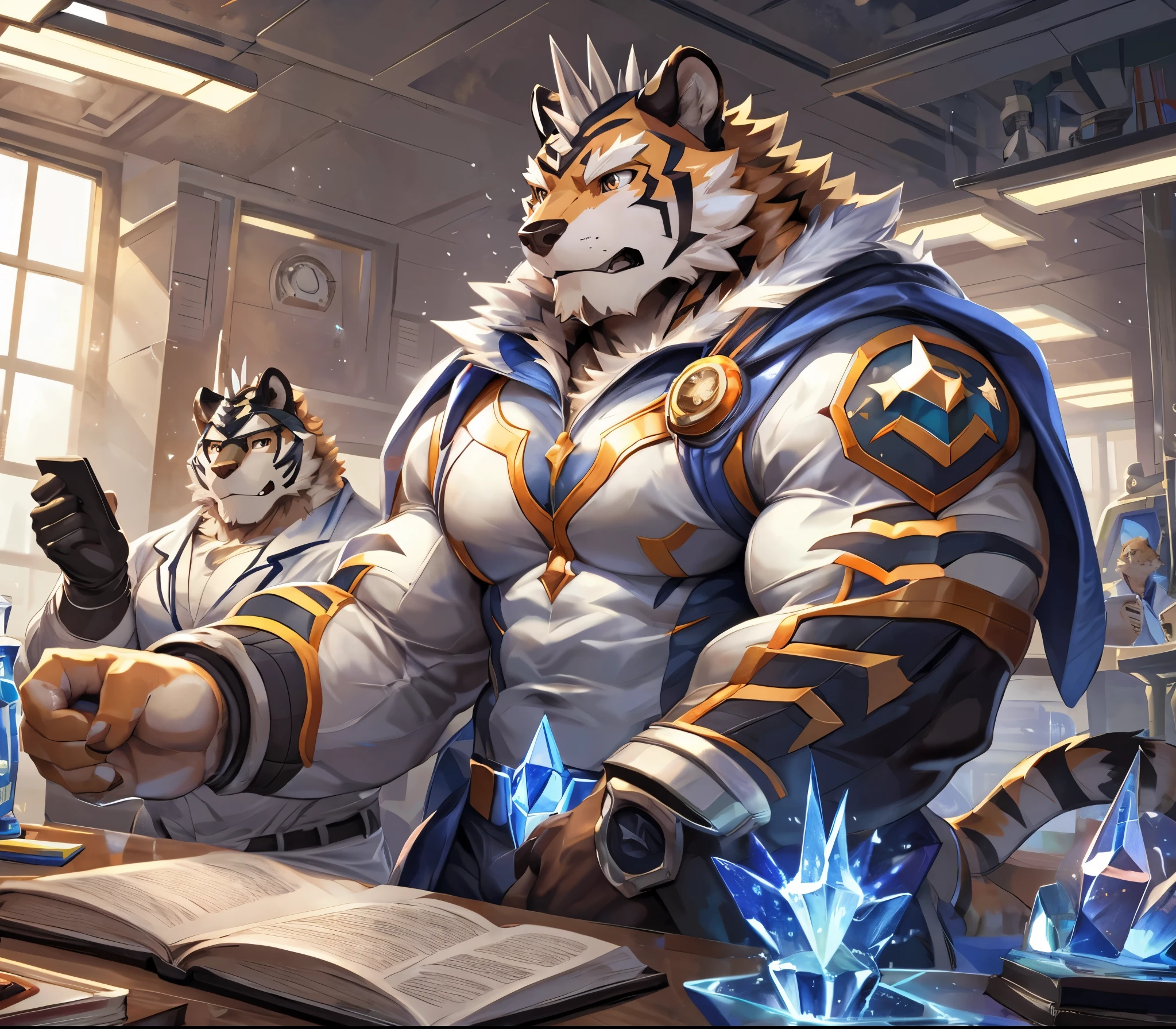 masterpiece,high quality,anime,detailed eyes,furry male White Tiger, Ryekie, Great physique,strong arms manly, in the Big School, Studying on the Room, Laboratory, Scientist suit, analyzing the project, (Star Spark), Shimmering Magic crystal, Serious, by null-ghost,by pino daeni