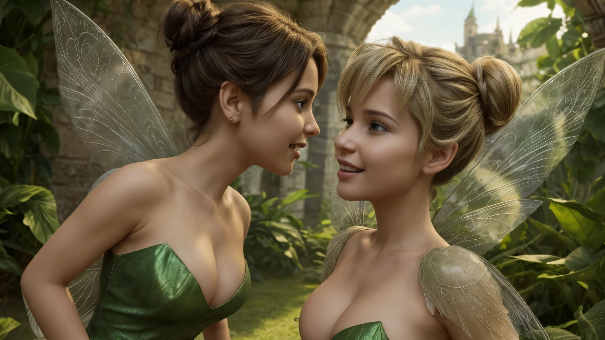 Isabela Merced and friend kissing, (masterpiece:1.4), (best quality:1.2), (photorealistic:1.37), ultra-detailed, highly detailed, 8K, (a realistic life-like picture of Tinkerbell), (wearing a green dress made out of large leaves), (transparent fairy wings:1.1), (hair in a single bun on top of her head:1.2), (tidy hair), (pretty face:1.2), (very large breasts:1.4), (white skin:1.2), (((pixie wings on her back on both sides))), in a scary castle, smiling with a closed mouth