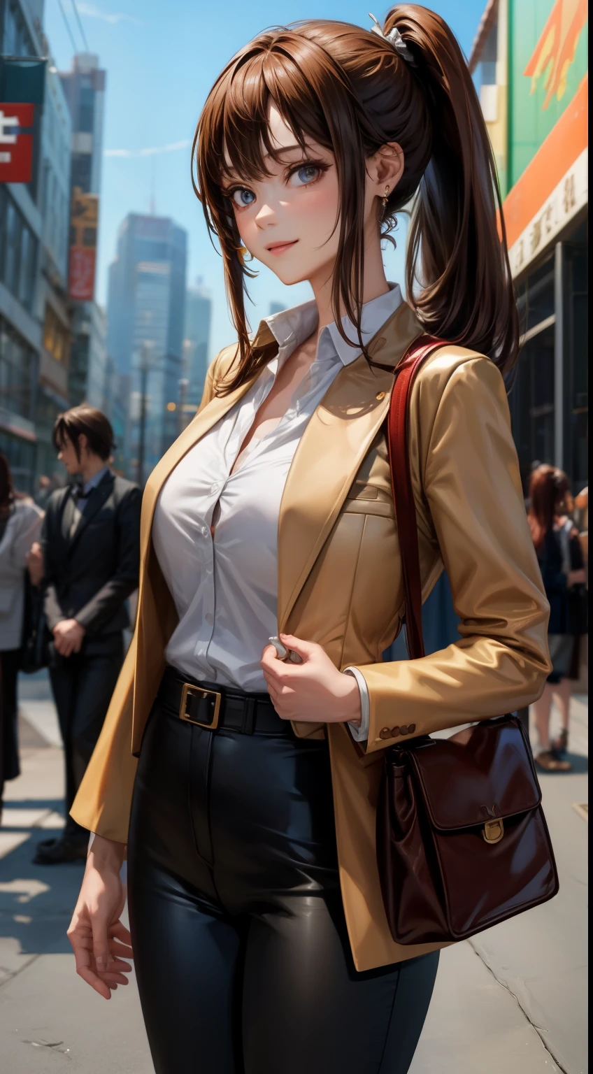 anime「Shingeki Giant」Shasa of, shoulder length hair, brown hair, ponytail, beautiful, beautiful woman, perfect body, perfect breasts, Wearing a white formal shirt, black blazer, black pants, carrying a bag, wearing a watch, earrings wearing earrings, In public, Creatures of Tokyo city, Being on the street, Look at the viewer with a slight smile, realism, masterpiece, textured leather, Super detailed, high detail, high quality, 最high quality, 1080p, 16k