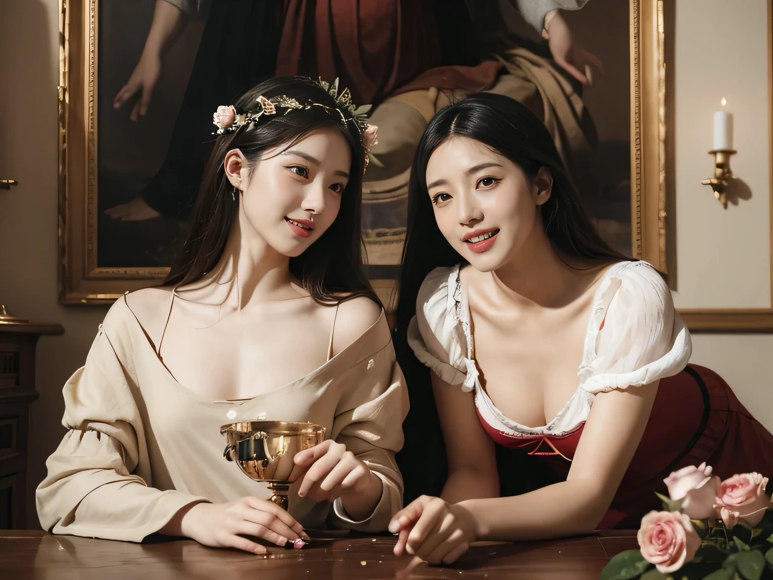 Giorgione painting style,Arguments of two female Philosophe,math、astronomical machine、astronaut、roses in vase、fruits、Cute trinkets、smile、ancient greek costume、Ancient Roman landscape in the style of Nicolas Poussin,laughter,,Sweet and seductive appearance.、Caravaggio's paintings、Chiaroscuro of Caravaggio、hair tousled by the wind,Two women frolicking,cute smile, expression of ecstasy,Sexy,erotic