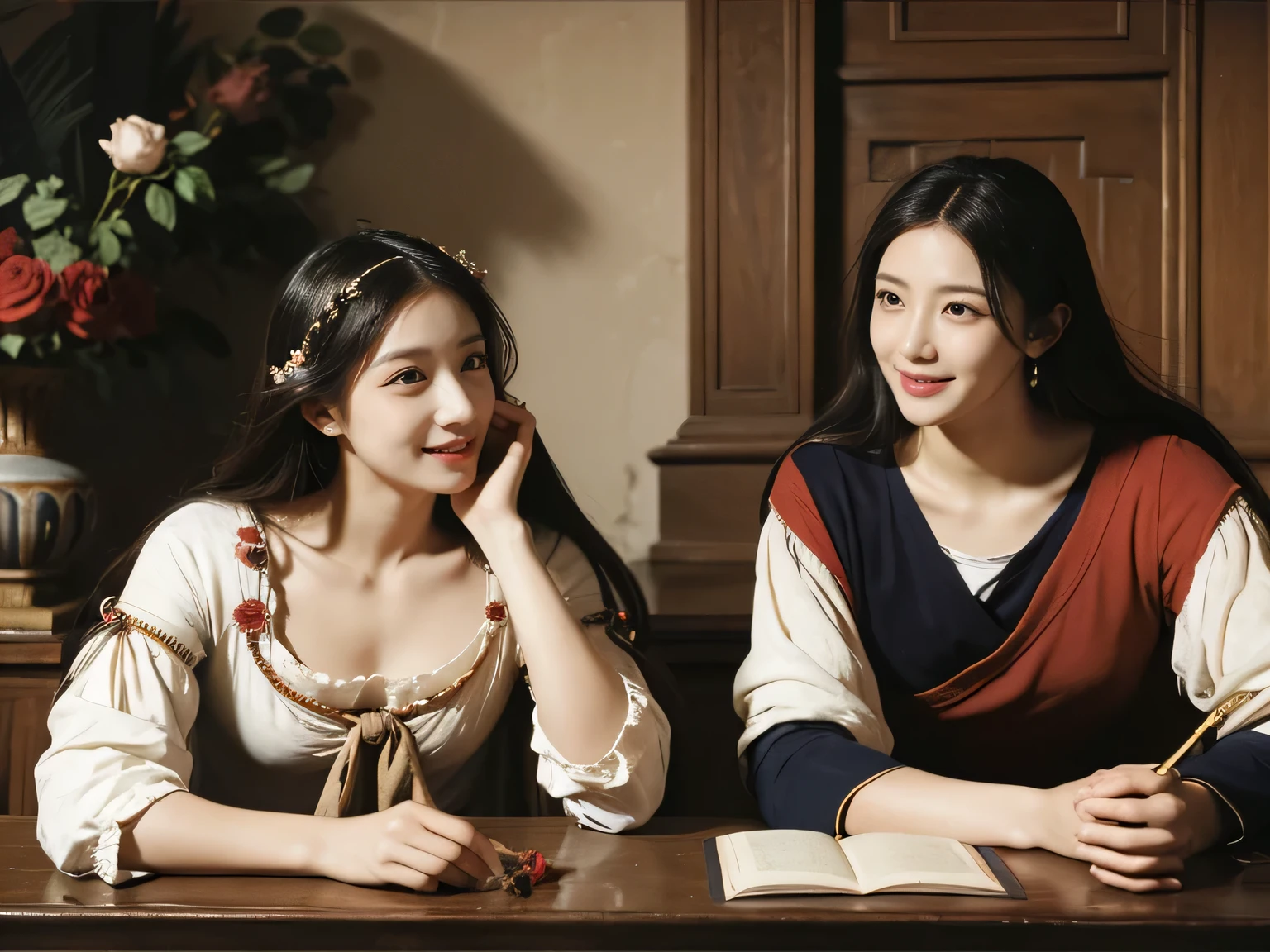 Giorgione painting style,Arguments of two female Philosophe,math、astronomical machine、astronaut、roses in vase、fruits、Cute trinkets、smile、ancient greek costume、Ancient Roman landscape in the style of Nicolas Poussin,laughter,,Sweet and seductive appearance.、Caravaggio's paintings、Chiaroscuro of Caravaggio、hair tousled by the wind,Two women frolicking,cute smile, expression of ecstasy,Sexy,erotic