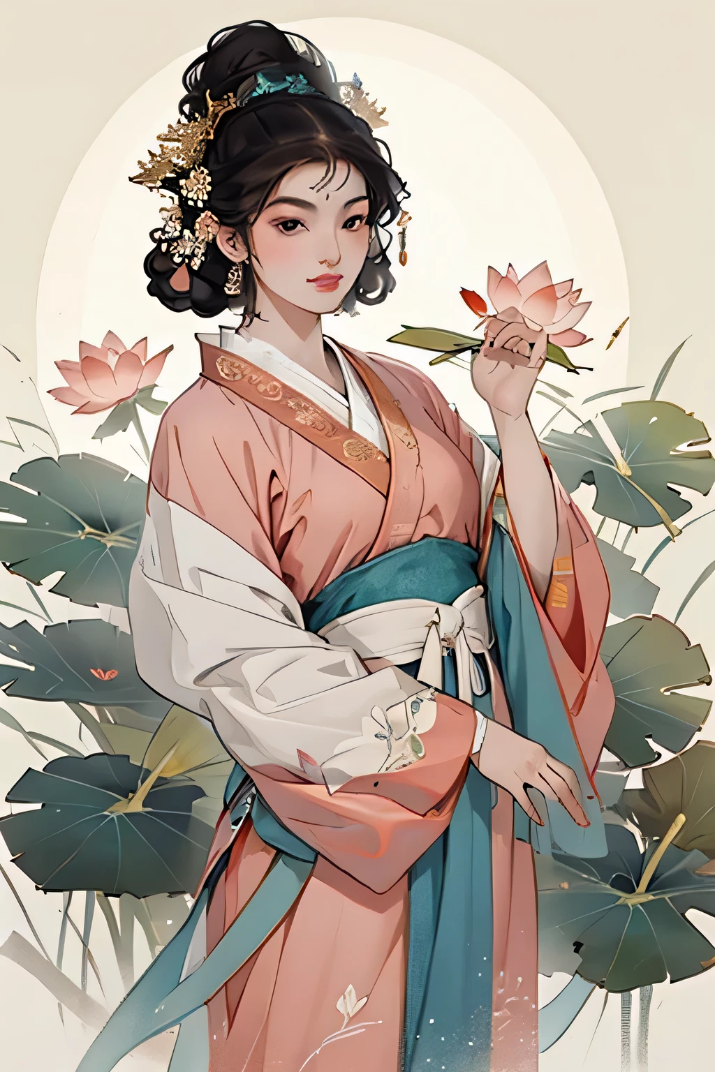 An elegant 16 years old ancient Chinese beauty, wearing ancient Chinese clothing,hidden hand in sleeve, flowing tulle, light silk, big lotus leaf, lotus flower, ink painting style, clean color, decisive cut, blank space, masterpiece, super detailed , epic composition