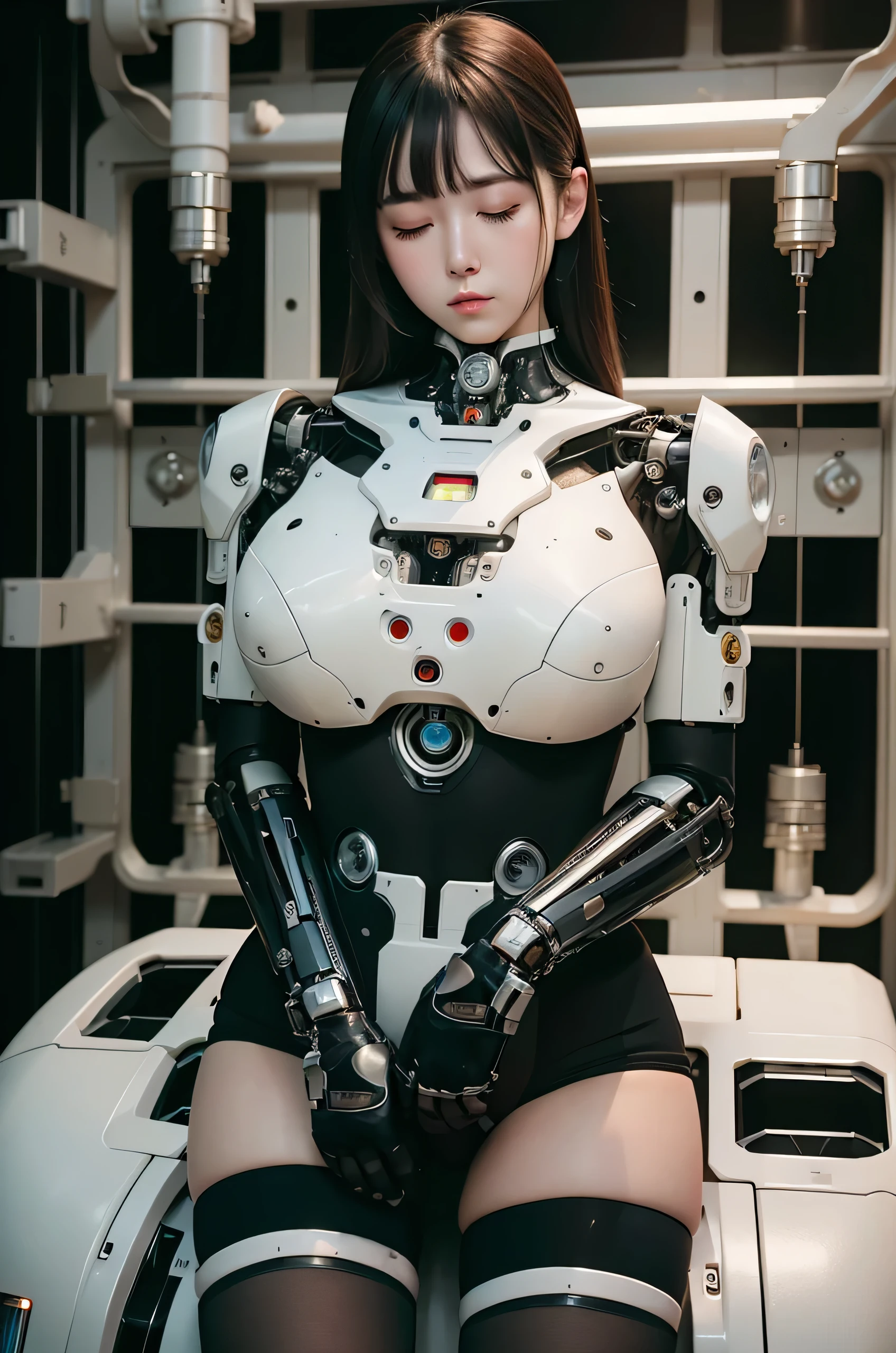 masterpiece, best quality, extremely detailed,8k portrait, Japanese android girl,Plump ,control panels,robot arms,robot,android,cyborg,white robot body,blunt bangs,robot repair plant,black knee high socks,（closing eyes:1.5）