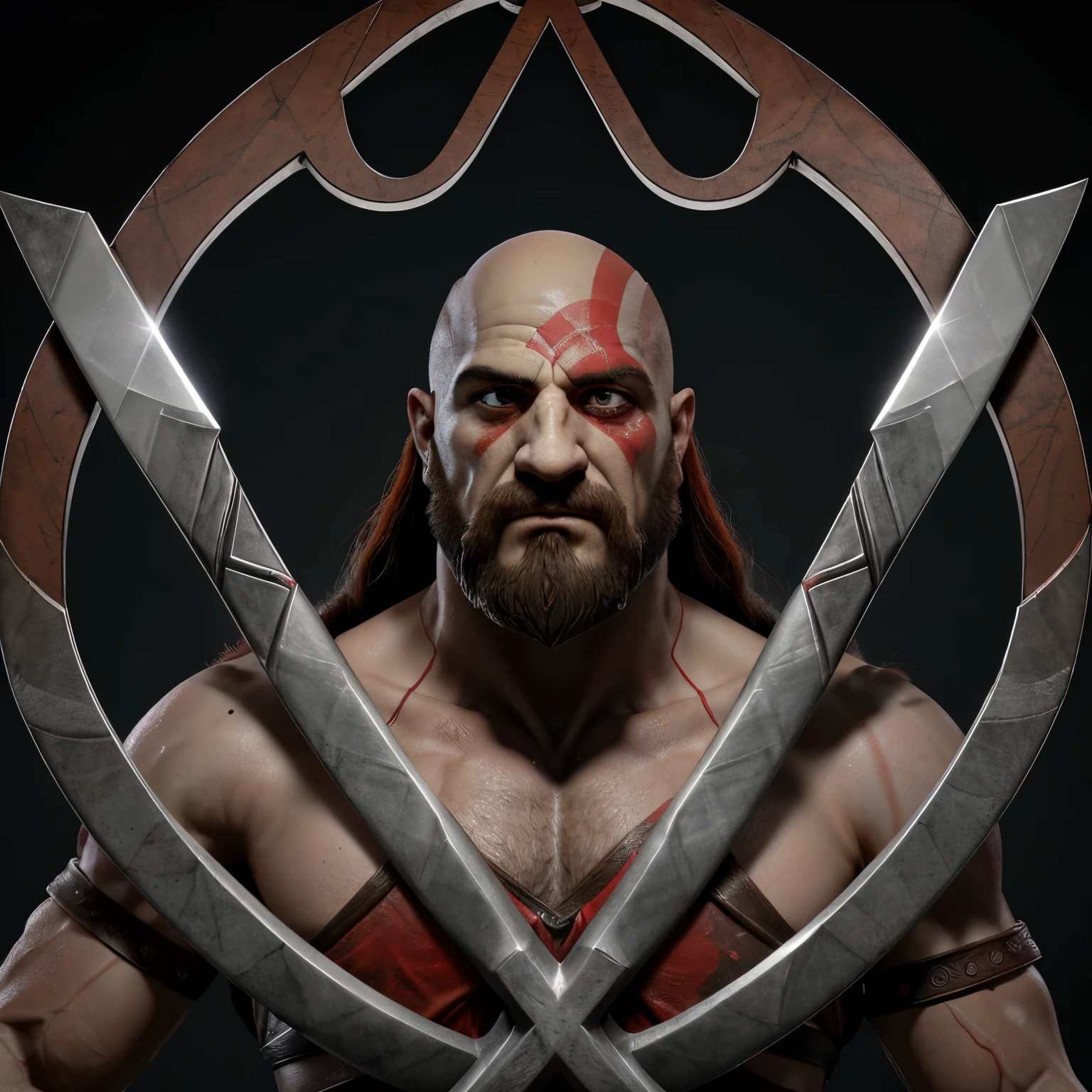 Create me a logo mascot where the mascot is the face of Kratos from God of Ward and the swords of chaos crossed in x and below it has the letters "KRATOS E-SPORT"