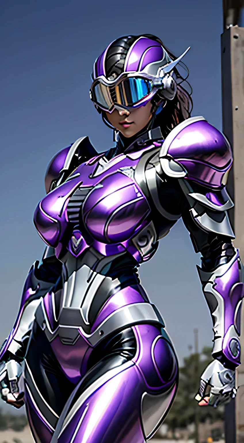 female robocop solo、bright outdoors、strong light source、8K, high quality, masterpiece, 最high quality、very detailed、Armor that completely covers the whole body、very large armor、Helmet covering the head、clear pictures、Eyes hidden by thin straight goggles:1.3、The lower half of the face is raw:1.5、The lower half of the face is exposed、luscious lips、purple and white metallic armor、Armor that completely covers the chest、thin and long legs、Vibrant posel body view,big and full breasts:1.5, (sports body:1.5)、five fingers、photos around town