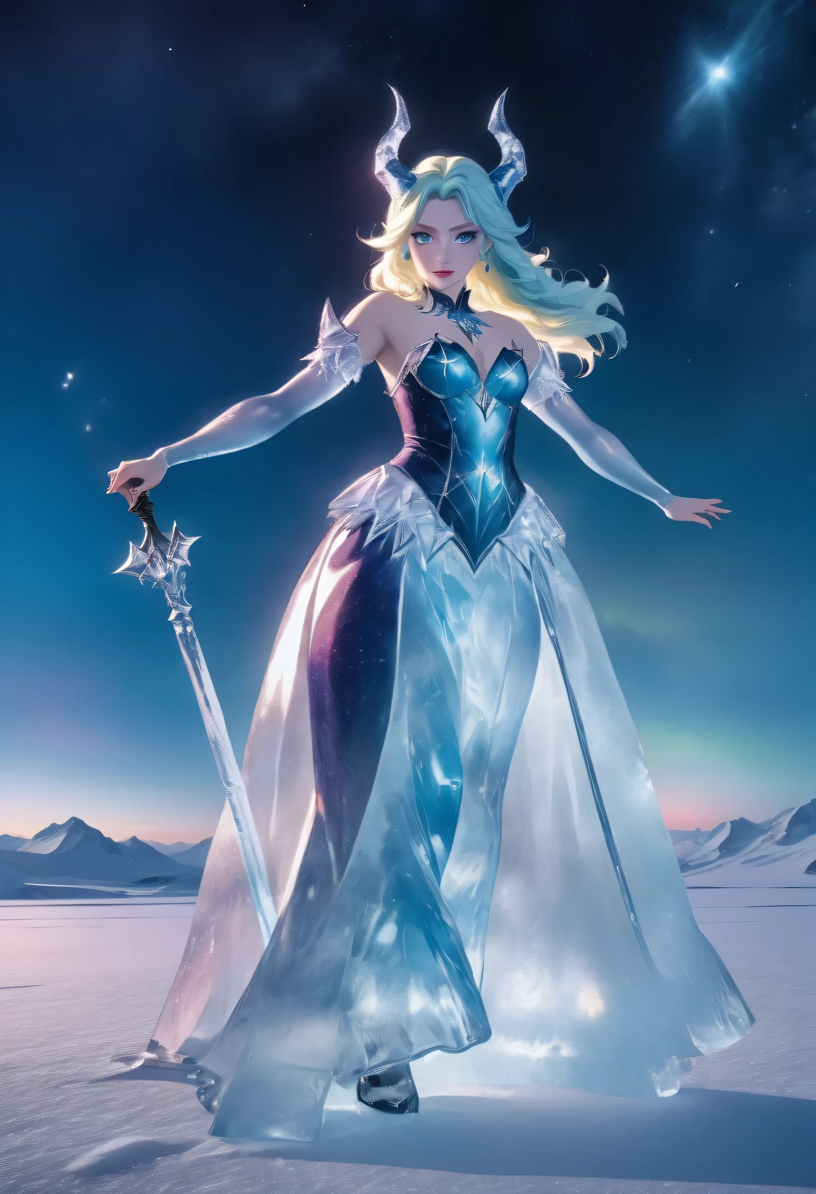 (8k, highest quality, masterpiece: 1.2), (realistic, realistic: 1.37), Super detailed, an ice female demon、Standing in the frozen snow field、Witch wearing pale armor, ((sexy costume:1)), SEXY female devil, ((aurora in the night sky)), 