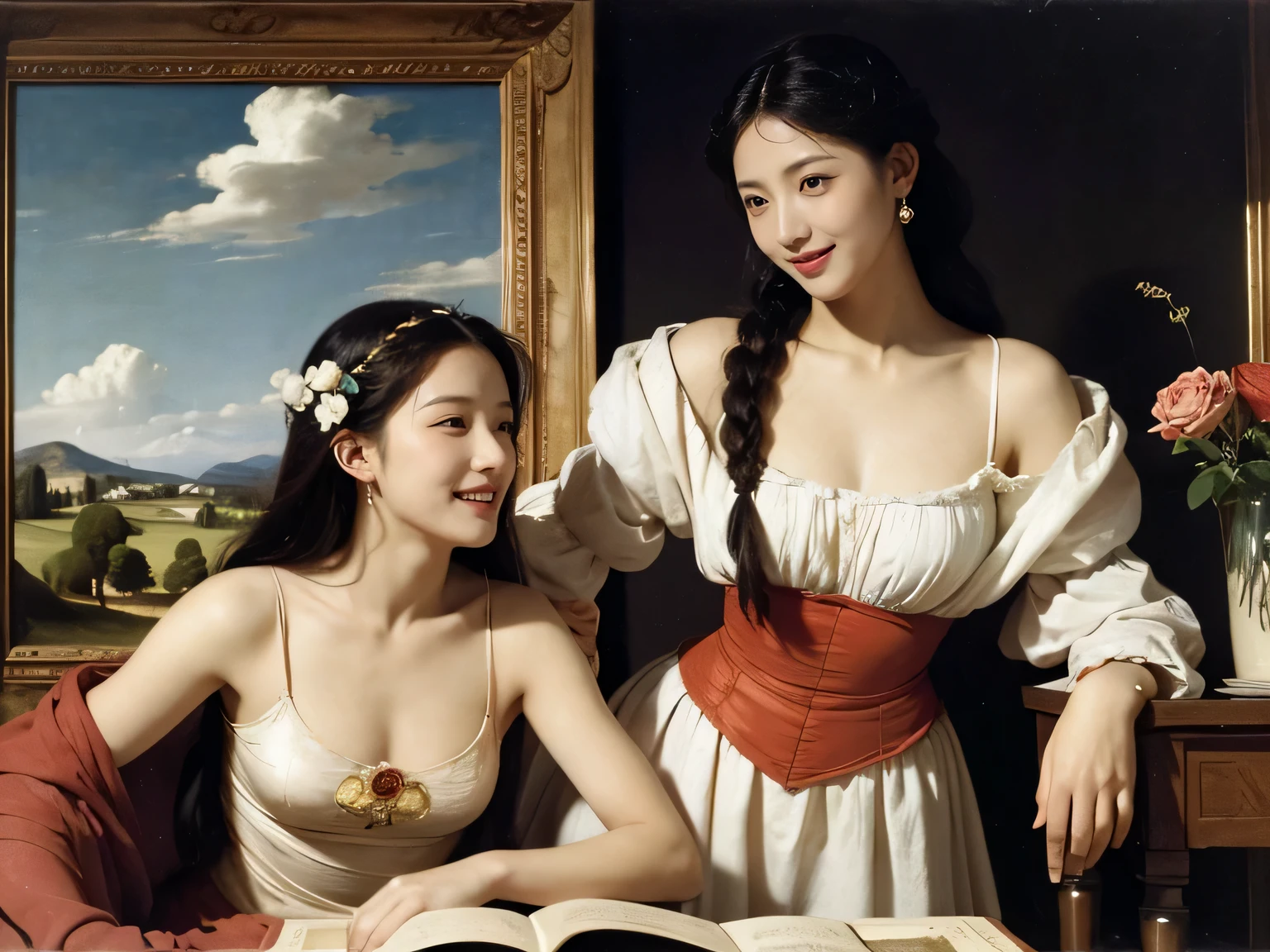 Giorgione painting style,Arguments of two female Philosophe,math、astronomical machine、astronaut、roses in vase、fruits、Cute trinkets、smile、ancient greek costume、Ancient Roman landscape in the style of Nicolas Poussin,laughter,,Sweet and seductive appearance.、Caravaggio's paintings、Chiaroscuro of Caravaggio、hair tousled by the wind,Two women frolicking,cute smile, expression of ecstasy,Sexy,erotic