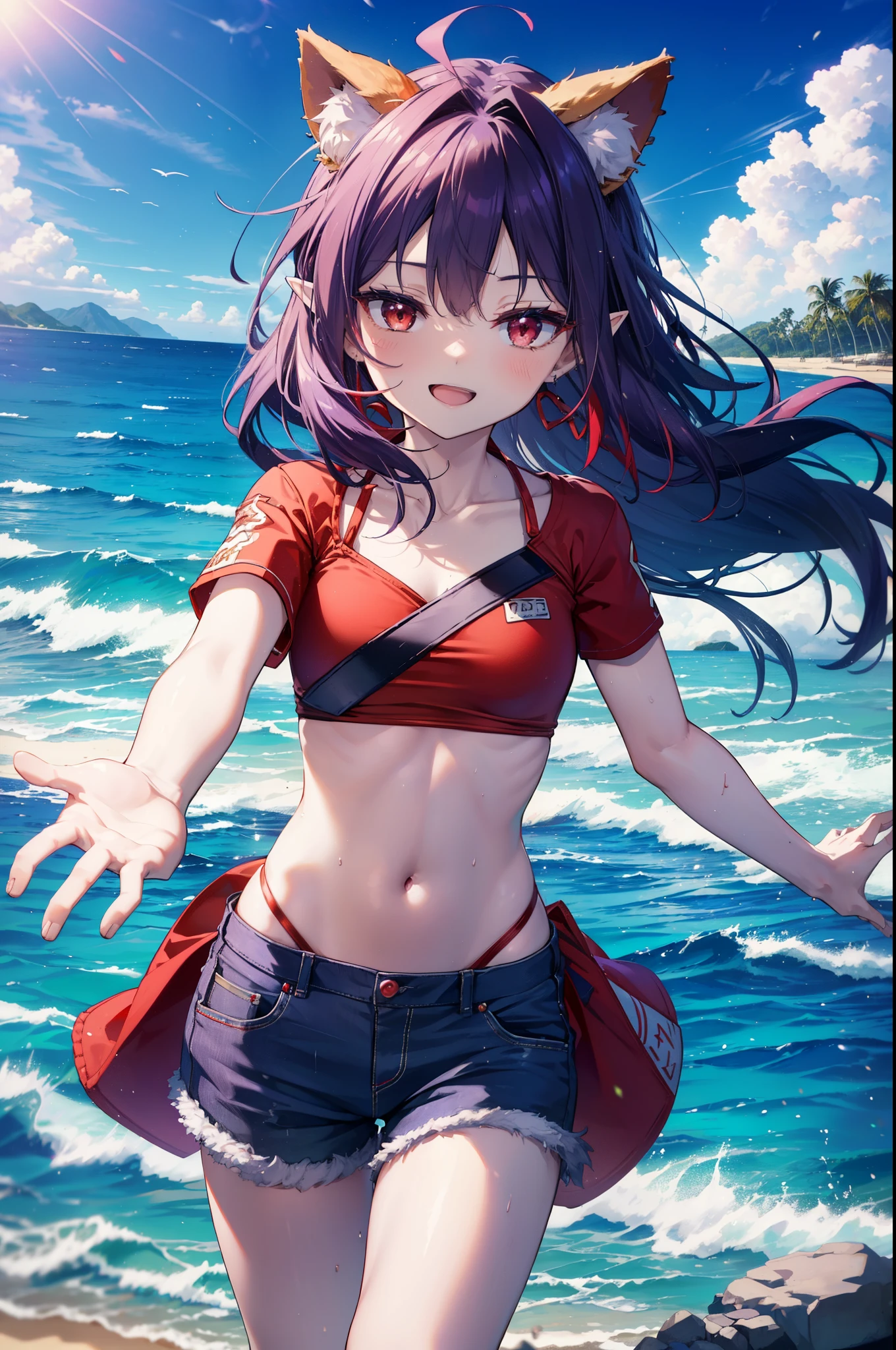 yuukikonno, Yuki Konno, hair band, long hair, pointy ears, purple hair, (red eyes:1.5),happy smile, smile, open your mouth, Are standing,
From above, (small breasts:1.2), ,dog ears,animal ears　dog tail,Red Bikini Swimsuit,purple short sleeve hoodie　Front open,,short denim pants,barefoot,barefoot,beach, sandy beach,Palm tree,Midsummer,Light of the sun,noon,
break looking at viewer, Upper body, whole body, (cowboy shot:1. 5
break outdoors, beach,
break (masterpiece:1.2), highest quality, High resolution, unity 8k wallpaper, (shape:0.8), (beautiful deしっぽed eyes:1.6), extremely deしっぽed face, perfect lighting, extremely deしっぽed CG, (perfect hands, perfect anatomy),