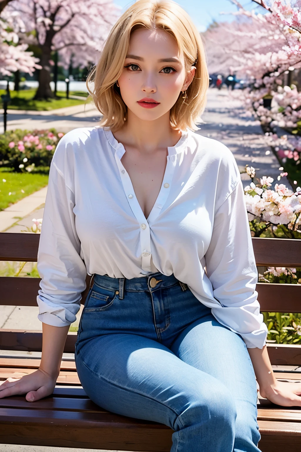 ((highest quality)), ((masterpiece)), (be familiar with), perfect face, (beautiful eyes, color contacts), short hair, blonde, plump breasts, knit, jeans, (Slouching), put your hand on your chin, sitting on the bench, ((Cherry blossoms in full bloom in the background)), Photo from diagonally above