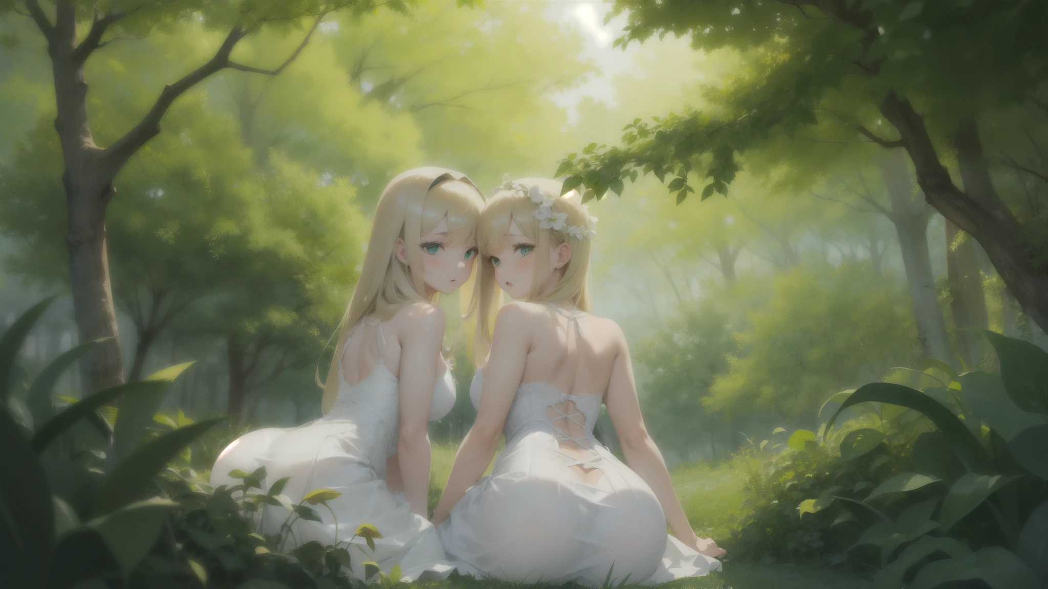 (masterpiece, best quality:1.4), (8K), Young blonde beauty, (((2 girls in love, 18 years old, neat girl))), detailed blue eyes, long eyelashes, blush, kind smile, horny, upper body, topless, small ass, slender thin legs, vagina, (looking at viewer), beautiful blonde short hair, white-skinned, straight bangs, pigtails, squeezing, on top of each other, groping, anus, ass hole (medium size breasts), (mushroom forest, celestial forest, beautiful and magnificent pink sunshine, majestic sky), natural light)