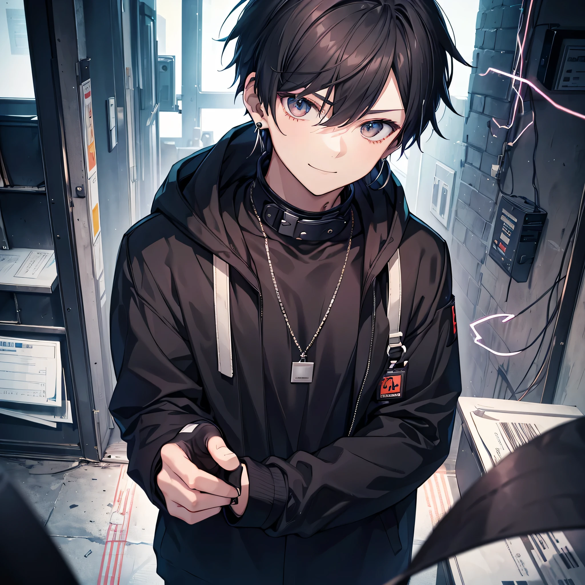 human male, narrow eyes, black eyes, teenager, delinquent, punk aesthetic, hoodie (Navy blue), street, Neo lower district, short_brown hair (Dark Root Mid Tapered Haircut, fingerless gloves(black), electricity, sharp jaw line, black shirt wide collar, earrings, With confidence, smile, nice, stylish, looking down on the audience, webtoon, solo leveling, studio therapy