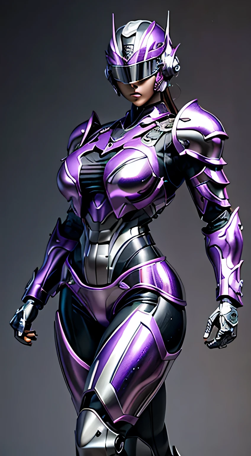 female robocop solo、bright outdoors、strong light source、8K, high quality, masterpiece, 最high quality、very detailed、Armor that completely covers the whole body、very large armor、Helmet covering the head、clear pictures、Eyes hidden by thin straight goggles:1.3、The lower half of the face is raw:1.5、The lower half of the face is exposed、luscious lips、purple and white metallic armor、Armor that completely covers the chest、thin and long legs、Vibrant posel body view,big and full breasts:1.5, (sports body:1.5)、five fingers、photos around town