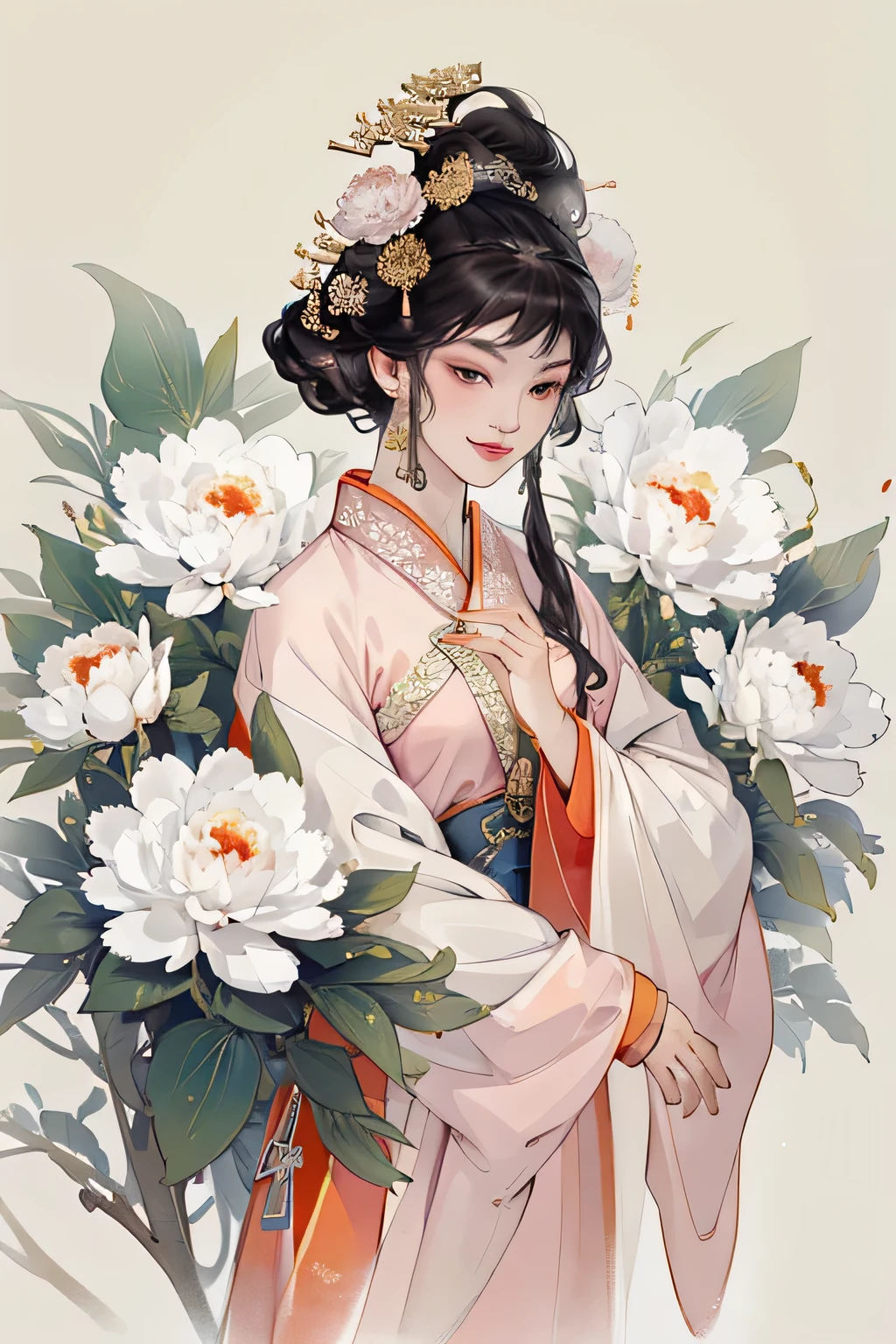 An cheerful elegant ancient Chinese beauty, wearing ancient Chinese clothing, hide hands in sleeves, lazy pose flowing tulle, light silk, big peony leaf, peony flower, ink painting style, clean color, decisive cut, blank space, masterpiece, super detailed , epic composition