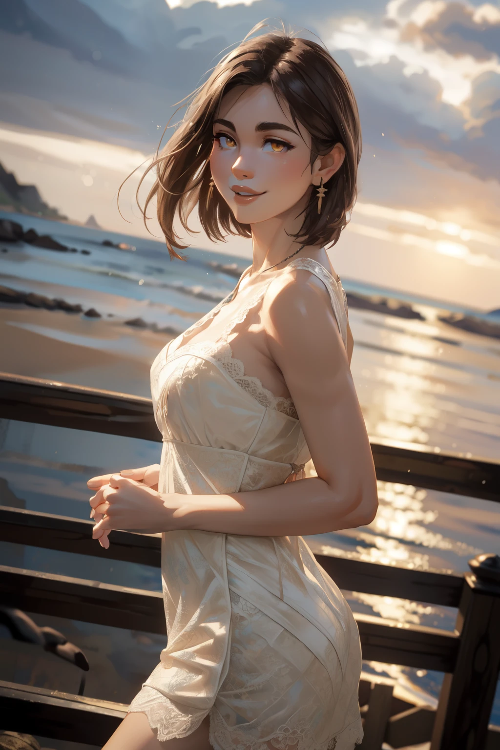 (best quality, 8k,32k,masterpiece, UHD:1.2),extremely detailed CG unity 8k wallpaper,intricate details,Raw photo,(photorealistic:1.4),atmosphere,ultra high res,Realistic,Real,Huge_filesize,incredibly absurdres,(centered:1.3),Ultra illustration,(ultra-detailed),cinematic lighting,various colors,depth of field,art by krenz cushart,golden hour lighting,taken by Canon EOS,SIGMA Art Lens 35mm F1.4,ISO 200 Shutter Speed 2000,blurry background,
BREAK,
1girl,(smile:1.3),slim body,(short hair:1.4),solo,20-year-old Japanese beautiful woman,(seaside, yellow lace tops:1.6),(light brown hair:1.5),((brown eyes)),Large breasts,chest, Soft white skin that shines with every detail,pale skin,Very beautiful face,Very well-formed face,Natural and realistic face,Best,beautiful detailed eyes,striking eyes,Eyes drawn in detail, smile with your mouth closed,Detailed mouth,Detailed lips,shiny beautiful lips,Glossy lips,simple earrings,necklace,jewelry, solo focus,low neckline,
BREAK,
Back lighting,kool,Standing,
BREAK,
(Dutch angle:1.4),cowboy shot,looking at viewer,
BREAK,tzuyu,yui aragaki,