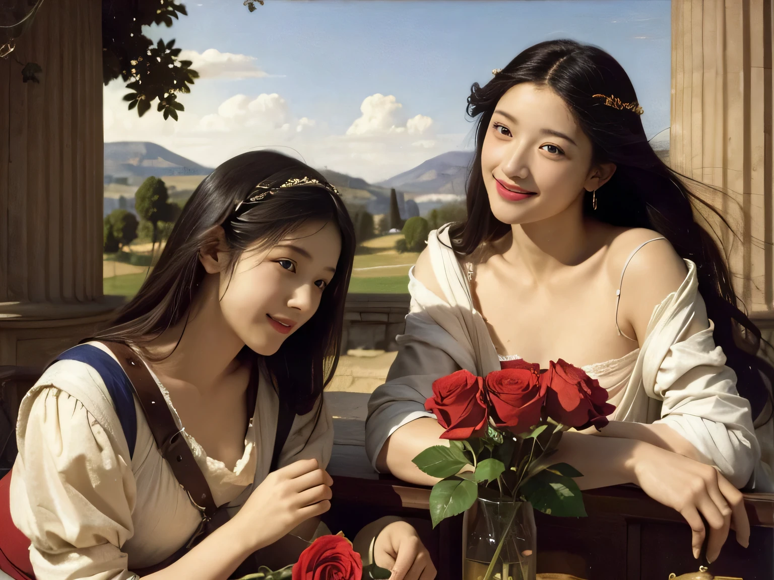 Giorgione painting style,Arguments of two female Philosophe,math、astronomical machine、astronaut、roses in vase、fruits、Cute trinkets、smile、ancient greek costume、Ancient Roman landscape in the style of Nicolas Poussin,laughter,,Sweet and seductive appearance.、Caravaggio's paintings、Chiaroscuro of Caravaggio、hair tousled by the wind,Two women frolicking,cute smile, expression of ecstasy,Sexy,erotic