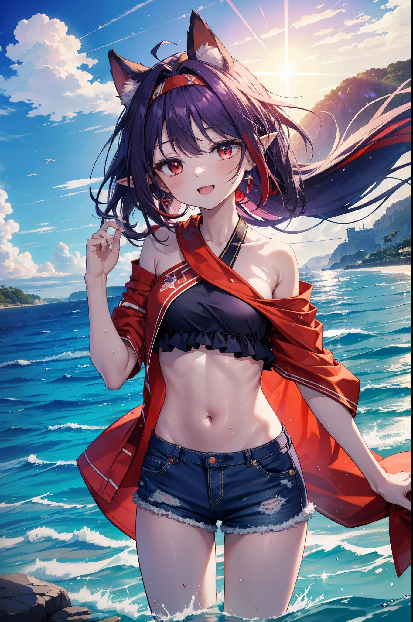 yuukikonno, Yuki Konno, Long Hair, hair band, Pointy Ears, Purple Hair, smile,blush,(Red eyes:1.5), (Small breasts:1.2), Open your mouth,Light Purple Hoodie No sleeve,Bikini Swimwear,Short denim,barefoot,Midsummer,Palm tree,Daytime,Light of the sun,Walking on the beach,whole bodyがイラストに入るように,
壊す looking at viewer, whole body,
Outdoor rest, Coastal Street,Destroy the beach (masterpiece:1.2), highest quality, High resolution, unity 8k wallpaper, (shape:0.8), (Fine and beautiful eyes:1.6), Highly detailed face, Perfect lighting, Highly detailed CG, (Perfect hands, Perfect Anatomy),
