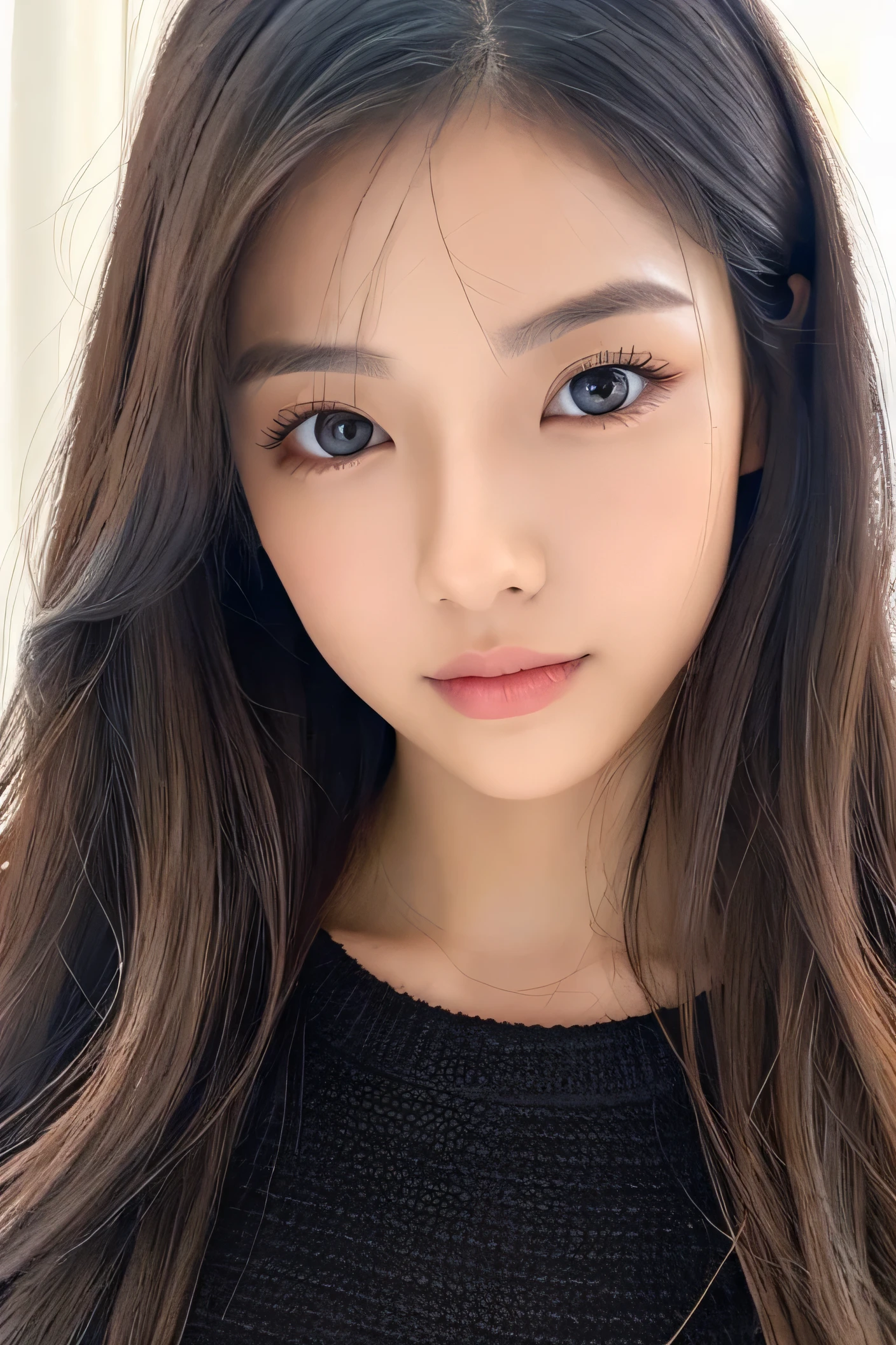 woman、super detailed face、double eyelid, medium hair、No bangs、beautiful hair、black hair、clear eyes、knit sweater、Glossy skin, small head、whole body