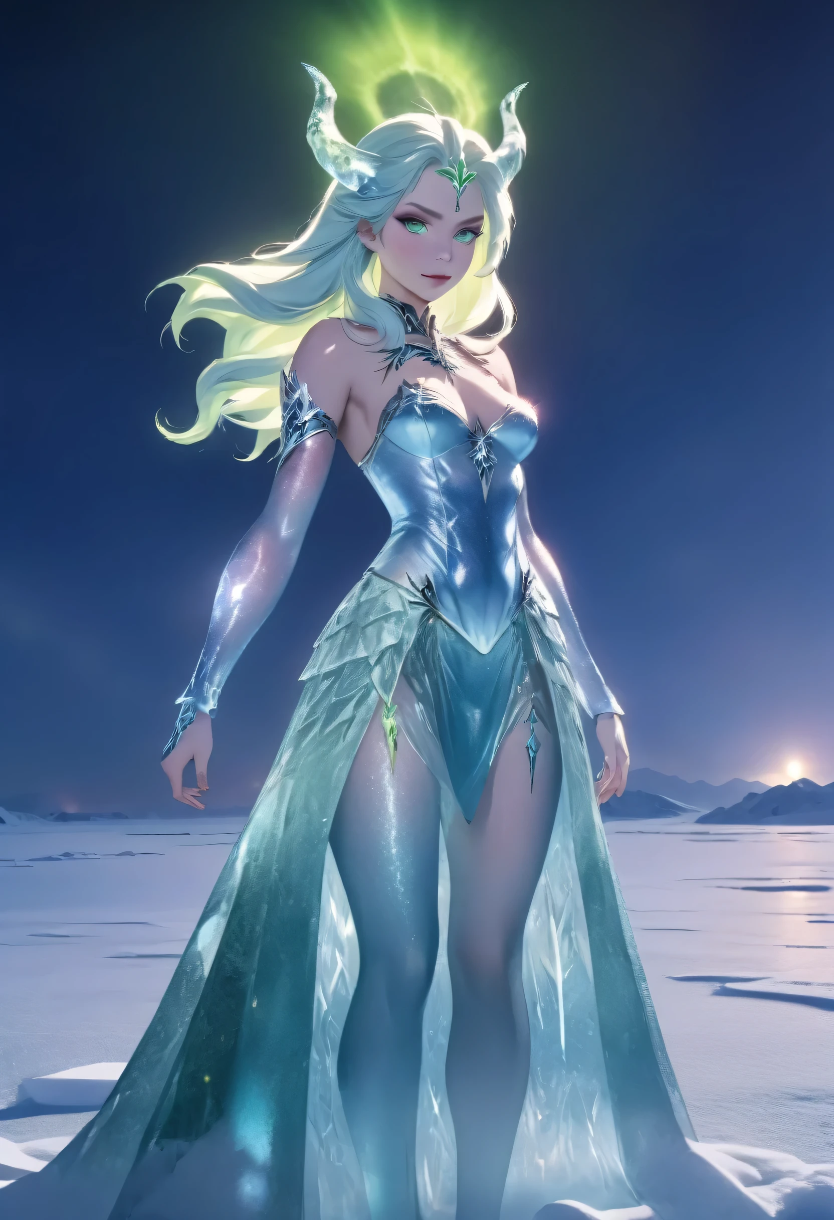 (8k, highest quality, masterpiece: 1.2), (realistic, realistic: 1.37), Super detailed, an ice female demon、Standing in the frozen snow field、Witch wearing pale armor, ((sexy costume:1)), SEXY female devil, ((aurora in the night sky)), 