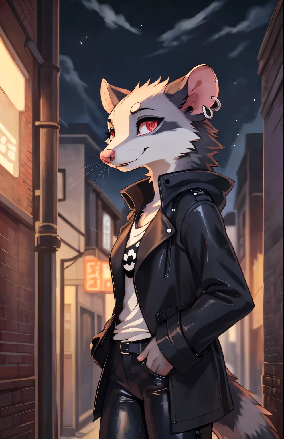 Stylized Anime artwork, 135mm+ focal length, furry, female, opossum, street, long black trench coat, skull-print t-shirt, leather pants, detailed digital acrylic painting, color graded,  studio ghibli, highly detailed, red eyes, clear eyes, left ear piercing, two-tone fur, dark gray fur, withe fur, face close up, warm smile