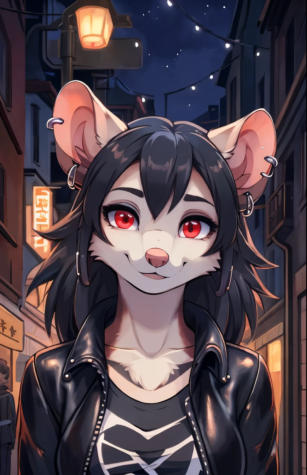 Stylized Anime artwork, 135mm+ focal length, furry, female, opossum, street, cozy lights, nighttime, black leather jacket , gray t-shirt, leather pants, detailed digital acrylic painting, color graded,  studio ghibli, highly detailed, red eyes, clear eyes, left ear piercing, two-tone fur, dark gray fur, withe fur, face close up, warm smile