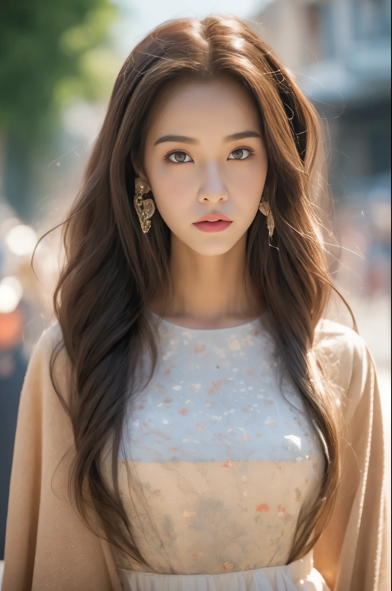 ((of the highest quality, 8K, masutepiece: 1.3)), Focus: 1.2, Perfect body: 1.4, buttocks: 1.2, (Layered Hair Style,  out: 1.2)), (Lolita Costume Outfit 1.1), (street: 1.3), Superskirt: 1.1, Highly detailed face and skin texture, Narrow eyes, Double eyelids, Whitening skin, , (Shut up: 1.3), 1 person、Hair shrinkage、Mount Yoshijin-hsien、Korean hair