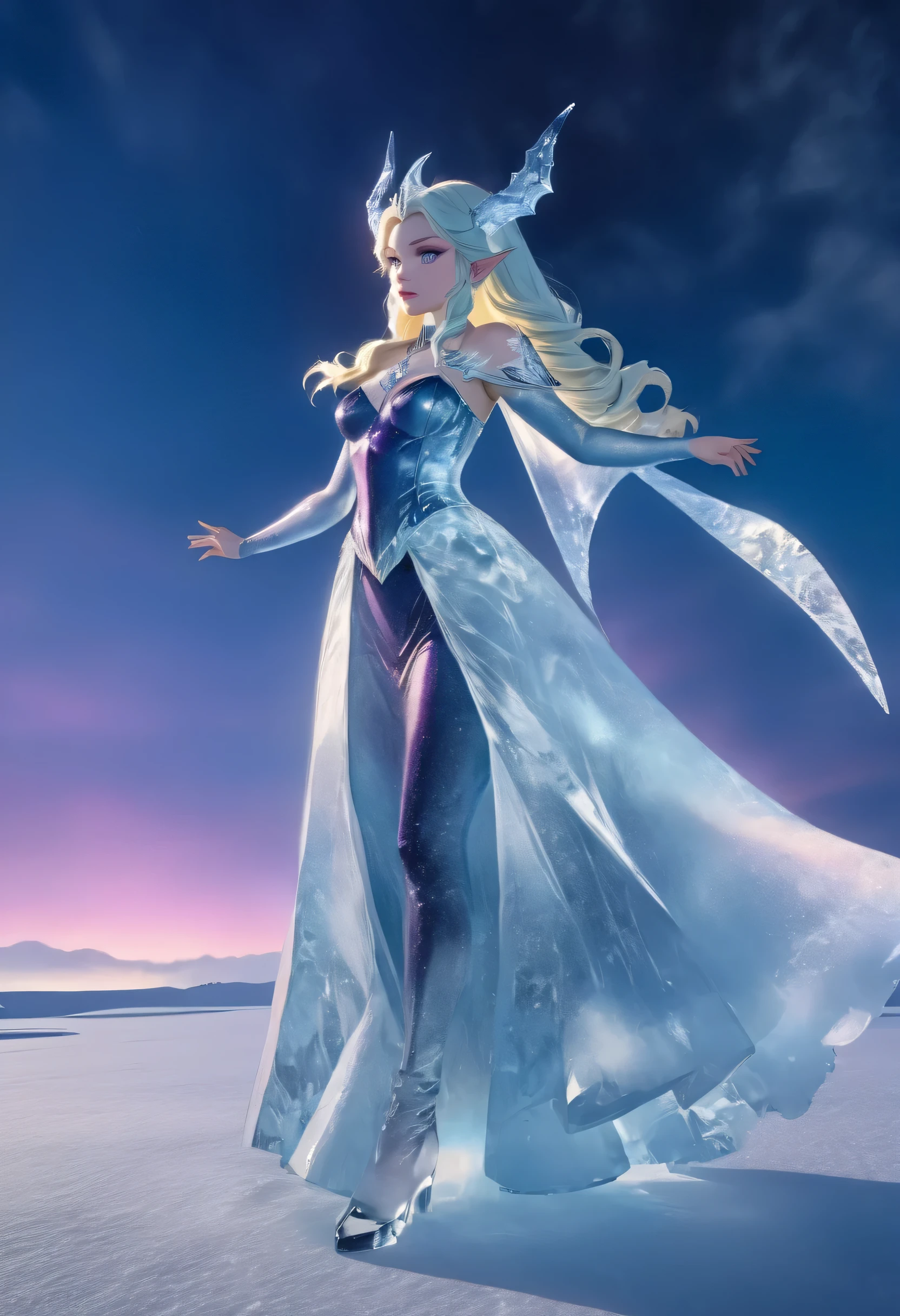 (8k, highest quality, masterpiece: 1.2), (realistic, realistic: 1.37), Super detailed, an ice female demon、Standing in the frozen snow field、Witch wearing pale armor, ((sexy costume:1)), SEXY female devil, ((aurora in the night sky)), 