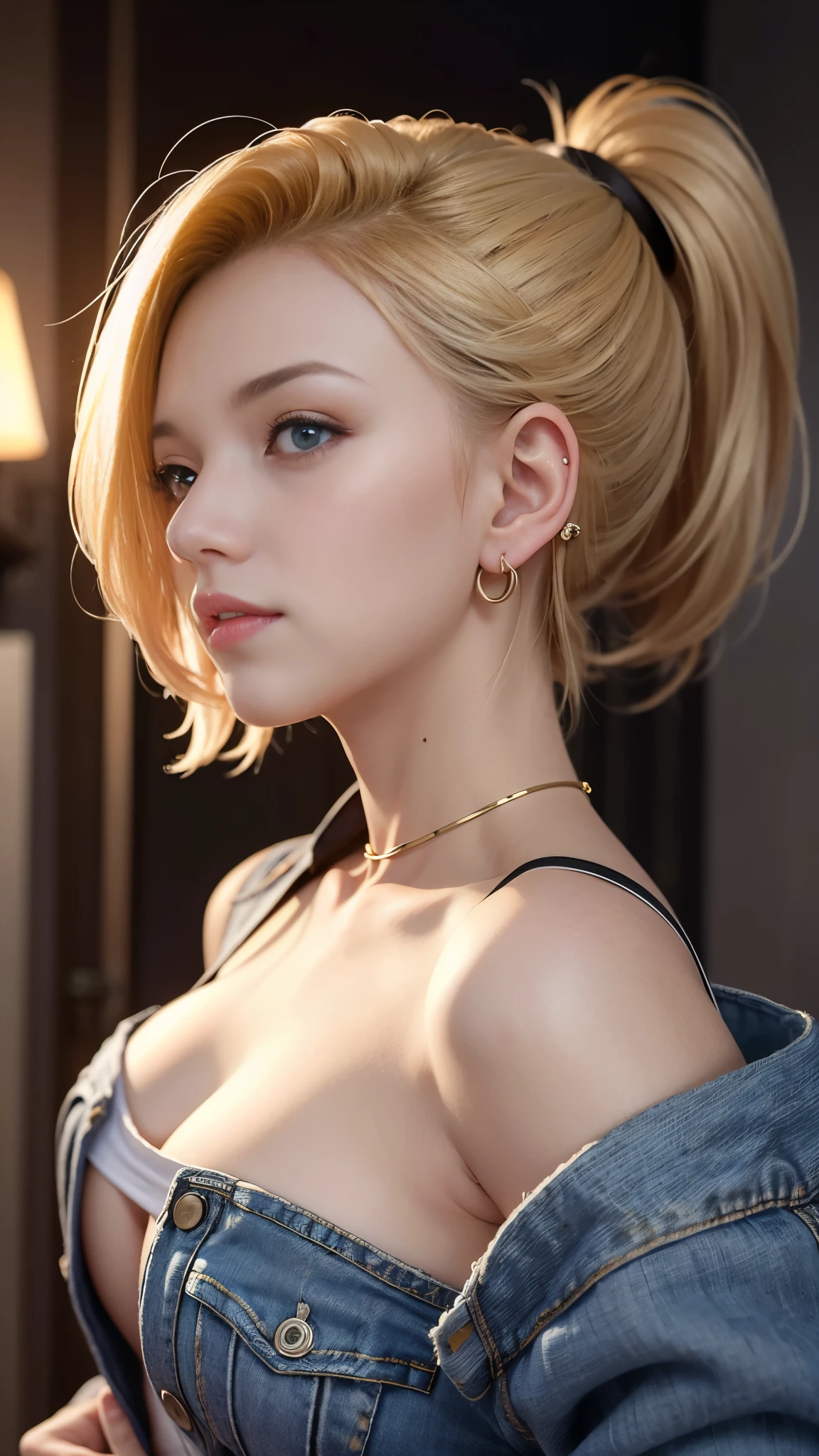 highest quality, High resolution, AND18, 1 girl, android 18, alone, blonde hair, blue eyes, short hair, laughter,earrings, jewelry, denim dress, open vest, white t-shirt,distressed jeans,wearing sunglasses,small breasts, Pose with buttocks sticking out and turning around,street, (external expansion chest: 1.2),best smile:1.5