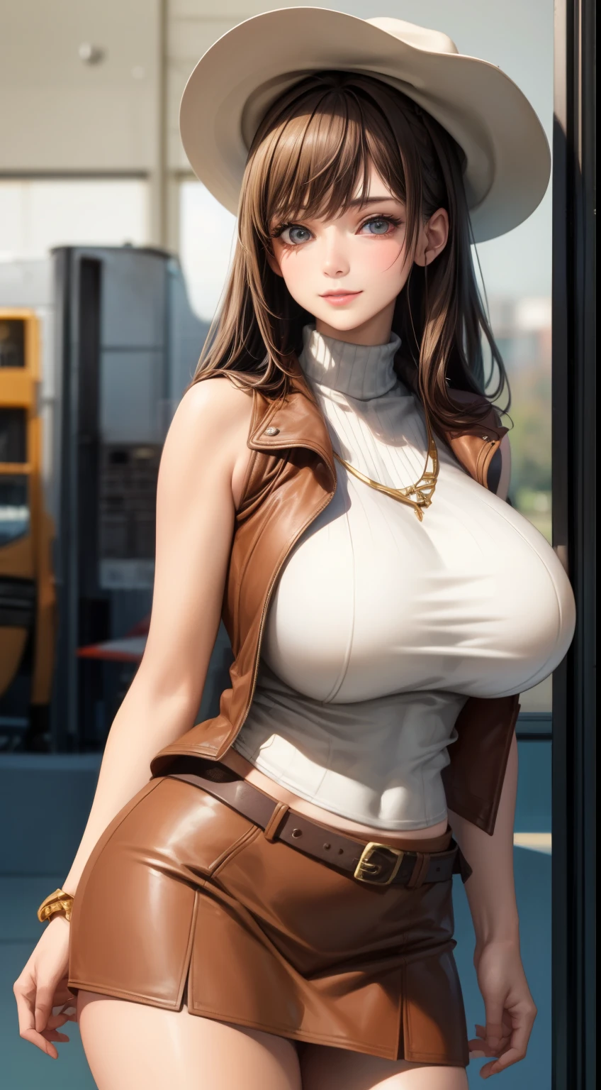 1 female solo standing, (Beige leather vest over white tank top), (brown mini skirt), (cowboy hat:1.1), mature woman, /(brown hair/) bangs, A gentle smile with a blush, (Masterpiece of the highest quality:1.2) Delicate illustrations super detailed, Big breasts BREAK /(motor Show/) very large room inside, audience, detailed background