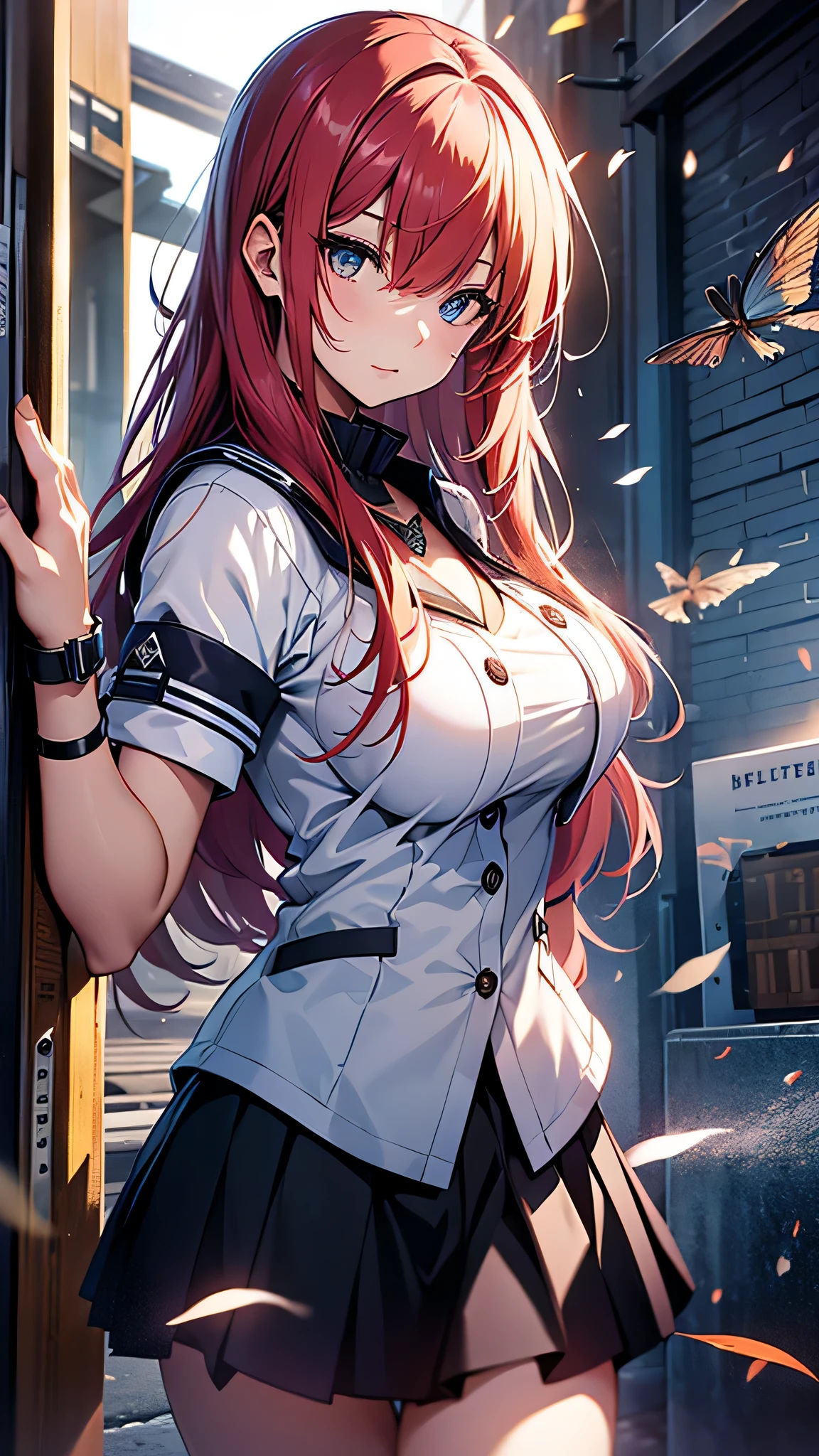 最high quality、best image quality、masterpiece、girl((18-year-old、 By becoming、vest bust、medium bust,wide open breast tea、shining eyes, glowing red hair、long hair、thin,highest valley、、black sailor suit、short skirt、Wristband、black gloves、)),high quality、beautiful art、background((In front of the entrance))、Flight、debris flies、Depth of written boundary、movie、visual art、perfect art、8K,genuine、