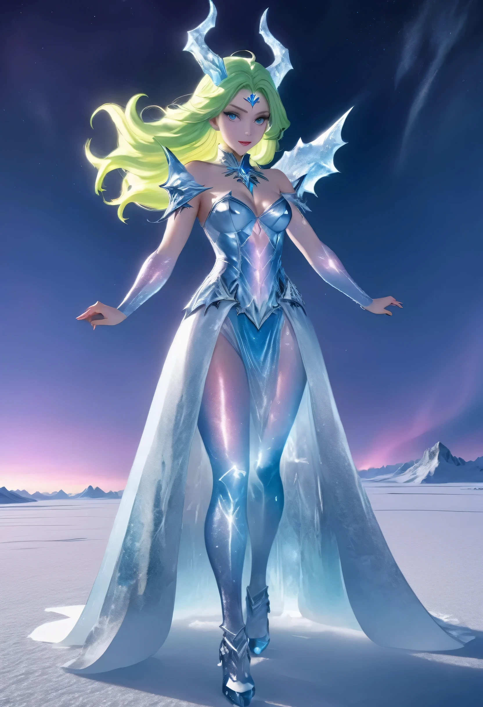 (8k, highest quality, masterpiece: 1.2), (realistic, realistic: 1.37), Super detailed, an ice female demon、Standing in the frozen snow field、Witch wearing pale armor, ((sexy costume:1)), SEXY female devil, ((aurora in the night sky)),