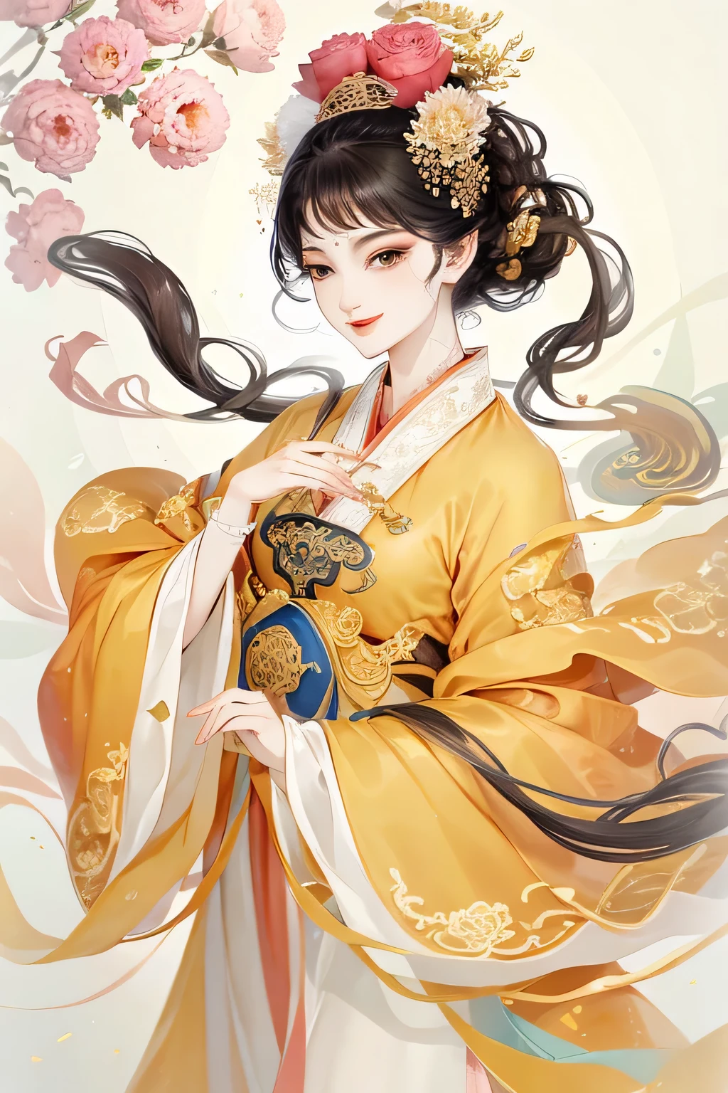 An cheerful elegant 16 years old ancient Chinese beauty, wearing ancient Chinese clothing, long hair, hide hands in sleeves, lazy pose flowing tulle, light silk, big peony leaf, peony flower, ink painting style, clean color, decisive cut, blank space, masterpiece, super detailed , epic composition