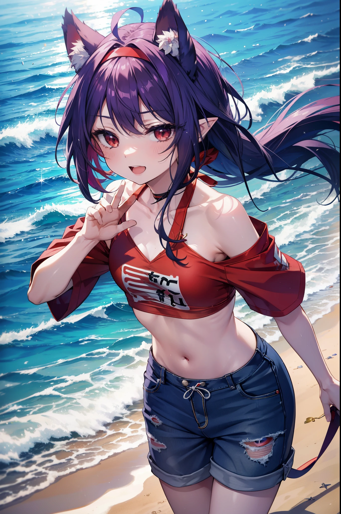 yuukikonno, Yuki Konno, hair band, long hair, pointy ears, purple hair, (red eyes:1.5),happy smile, smile, open your mouth, Are standing,
From above, (small breasts:1.2), ,dog ears,animal ears　dog tail,Red Bikini Swimsuit,purple short sleeve hoodie　Front open,,short denim pants,barefoot,barefoot,beach, sandy beach,Palm tree,Midsummer,Light of the sun,noon,
break looking at viewer, Upper body, whole body, (cowboy shot:1. 5
break outdoors, beach,
break (masterpiece:1.2), highest quality, High resolution, unity 8k wallpaper, (shape:0.8), (beautiful deしっぽed eyes:1.6), extremely deしっぽed face, perfect lighting, extremely deしっぽed CG, (perfect hands, perfect anatomy),