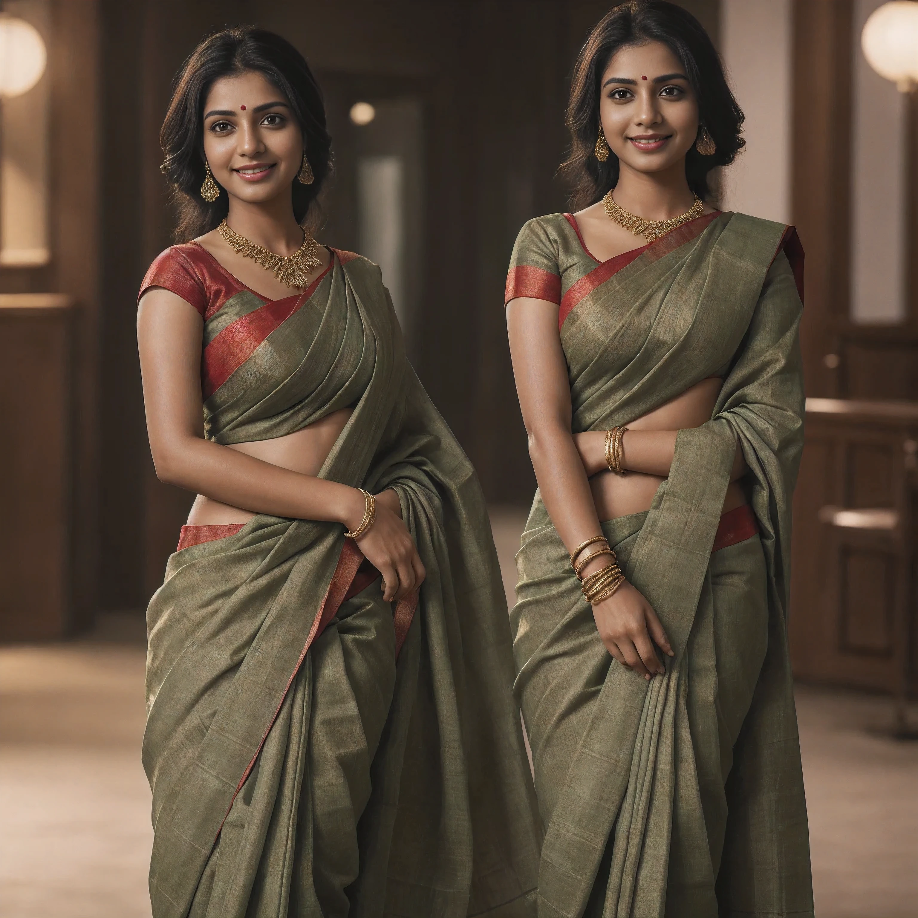Hyperrealist portrait of female wearing shorts, photo-realistic, dynamic lighting, art station, volumetric lighting, very detailed faces, 4k, award-winning, Indian Woman, look at the viewer, dark olive green, smile, hires headshot photo of 30-year-old, ultra sharp, looking straight at camera, dynamic pose, smiling, (cotton_saree_blouse:1.2), realistic skin texture, night time, hotel, bokeh lights, film grain, hyper realistic, traditional style saree