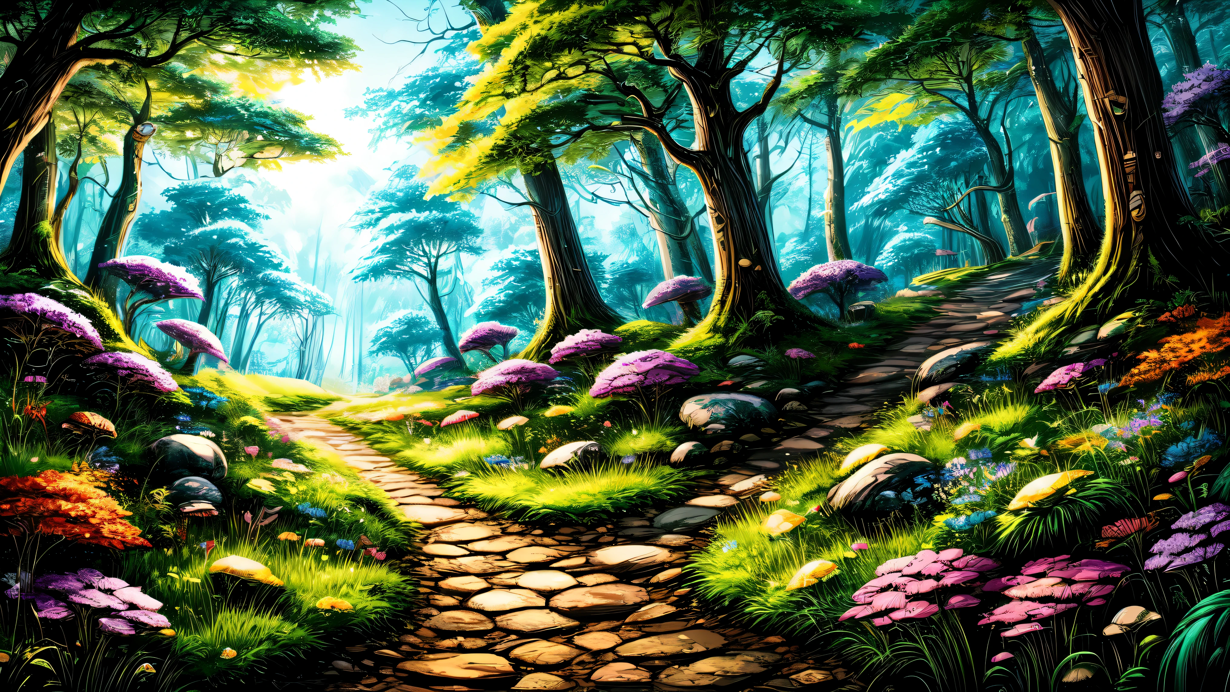 bright, (((cartoon style))), a beautiful fairytale forest, forest paths, green trees, green vegetation, mushrooms, stones, grass, fantastic (background), fantasy art, forest, blue sky, magical landscape, fantasy, no human, illustration for children, fantasy art, masterpiece, detailed, intricate, 4k, art