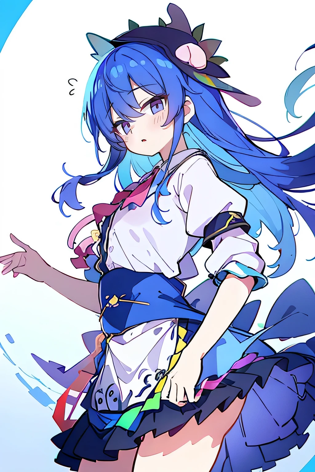 (masterpiece),best quality, expressive eyes, perfect face, 1girl,
hands on waist,beautiful, gorgeous,anime,girl,lora,hinanawi tenshi, blue hair, blue haired, floating clothes,waist grab, grabbing waist, mains sur les hanches , hands on hips,flat chest