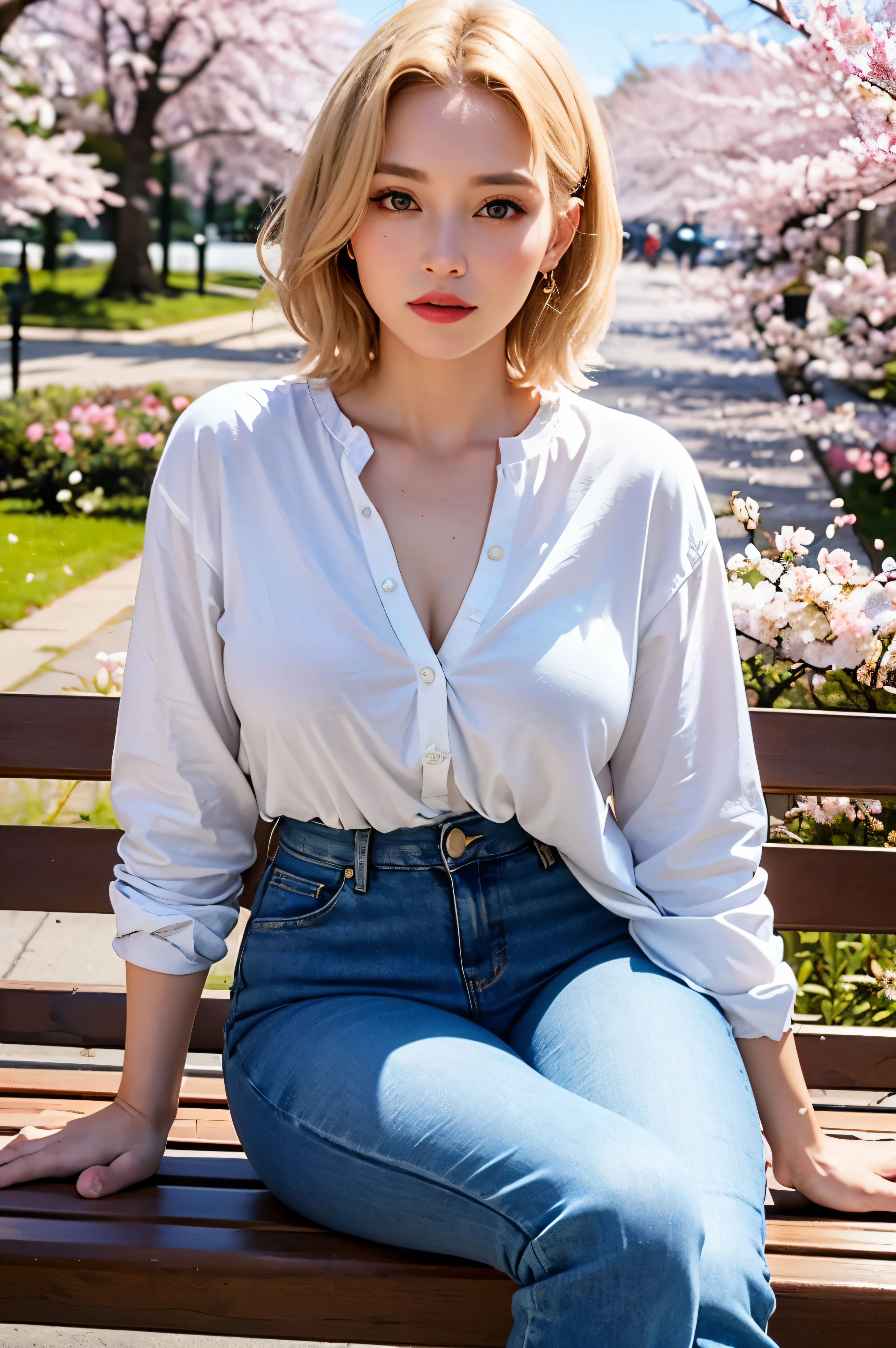 ((highest quality)), ((masterpiece)), (be familiar with), perfect face, (beautiful eyes, color contacts), short hair, blonde, plump breasts, knit, jeans, (Slouching), put your hand on your chin, sitting on the bench, ((Cherry blossoms in full bloom in the background)), Photo from diagonally above