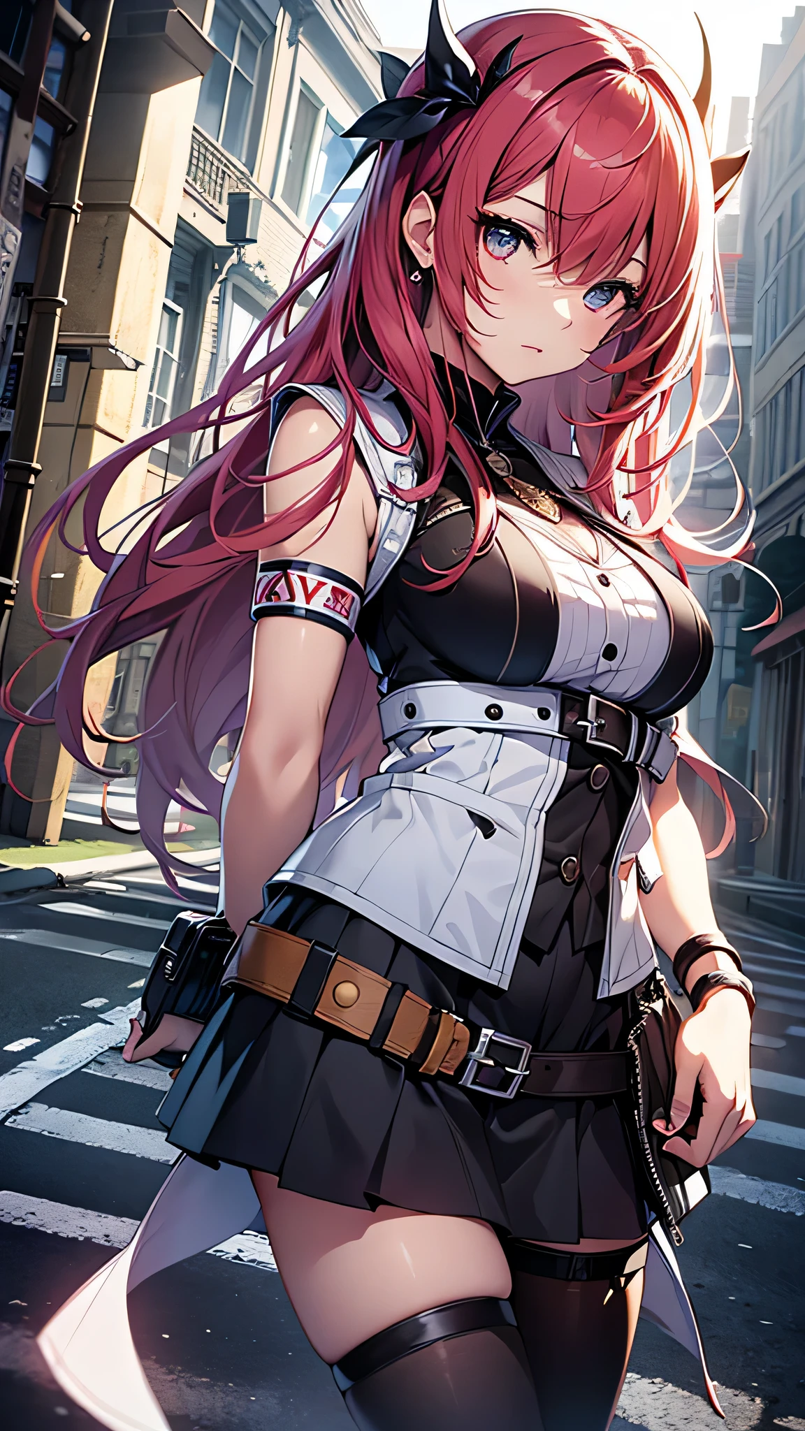 最high quality、best image quality、masterpiece、girl((18-year-old、 By becoming、vest bust、medium bust,wide open breast tea、shining eyes, glowing red hair、long hair、thin,highest valley、、black sailor suit、short skirt、Wristband、black gloves、)),high quality、beautiful art、background((In front of the entrance))、Flight、debris flies、Depth of written boundary、movie、visual art、perfect art、8K,genuine、