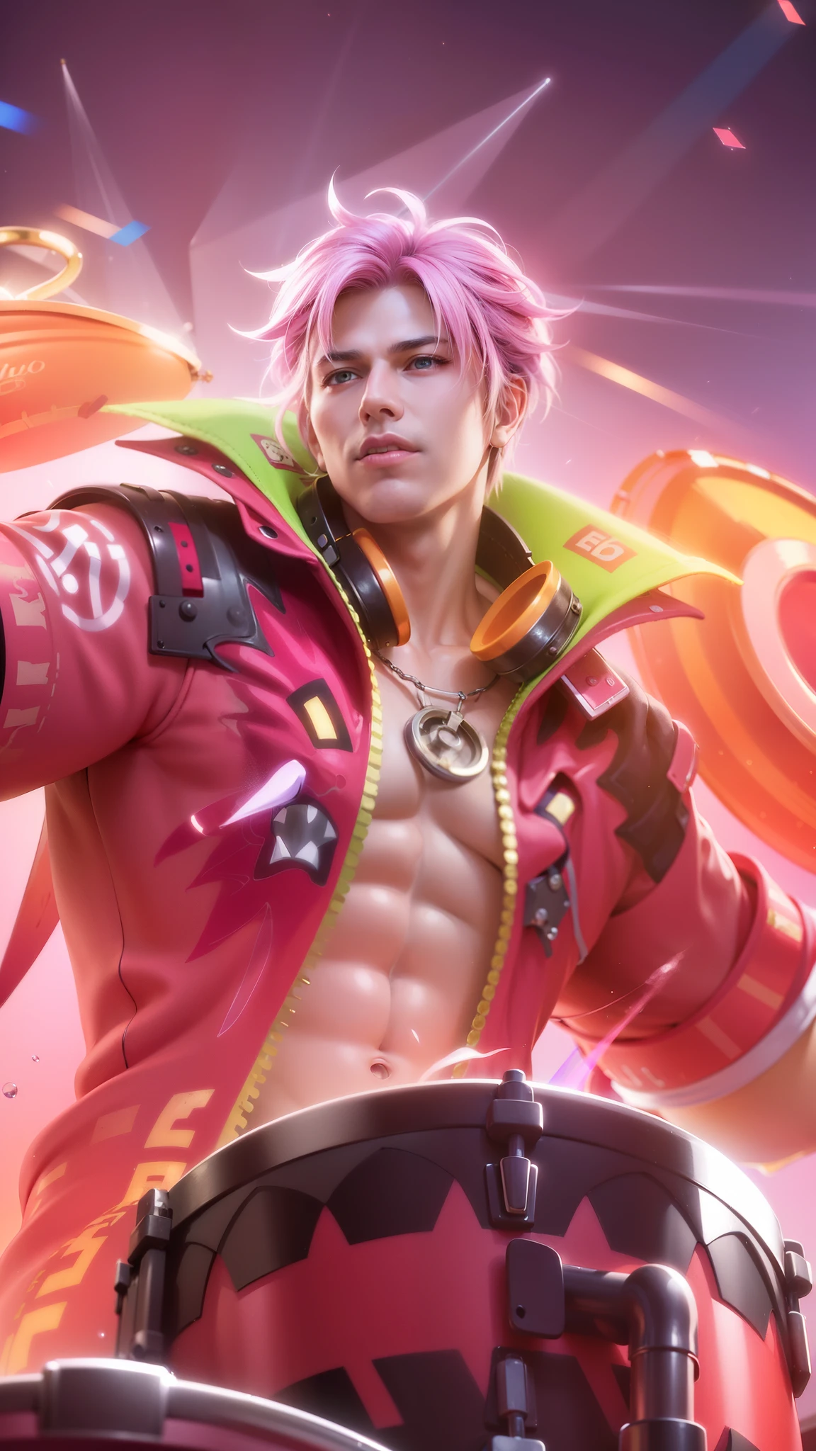 a man with a pink jacket and a drum in his hand, masculine male, masterpiece, ((perfect eyes)) best quality, (semirealism:1.9), beautiful lighting, (extremely detailed CG unity 4k fhd wallpaper), High Detail, Sharp focus, dramatic outdoors, 30 years old, pink short hair, blue eyes, smile