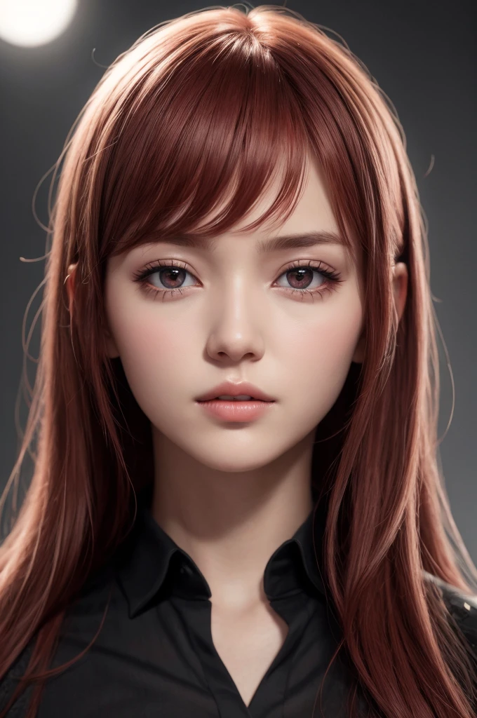 1girl, star eye, blush, perfect illumination, red hair, red eyes, unreal engine, sidelighting, detailed face, bangs, bright skin, simple background, dark background, 