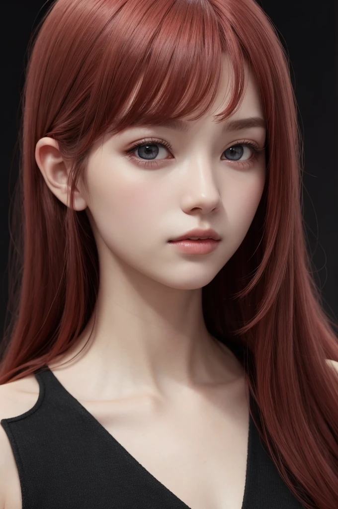 1girl, star eye, blush, perfect illumination, red hair, red eyes, unreal engine, sidelighting, detailed face, bangs, bright skin, simple background, dark background,