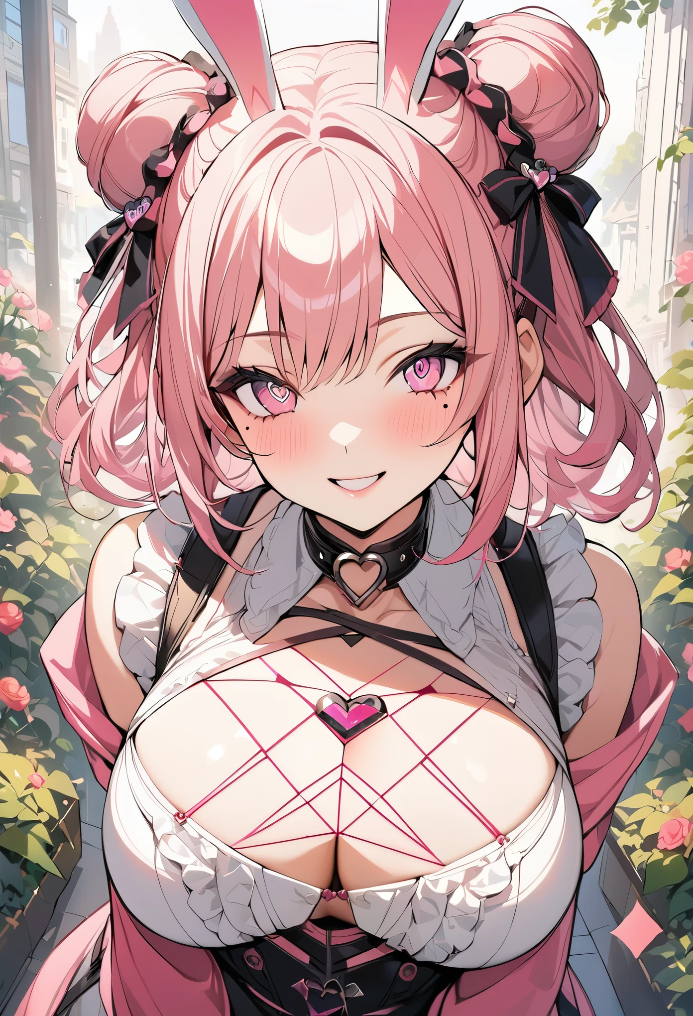 1 girl, pink long bun hair, heart shaped eyes, ♡, rabbit ear idol, {girl with pink bun bob hair、 named Nami}, (Pink eye color), {downtown}, (smile), bright background , mole under eye, heart shaped choker, (masterpiece, highest quality), very detailed, highest quality, official art, beautiful and aesthetic: 1.2), (1 girl), very detailed, (geometry art: 1.3), colorful, most detailed ?d1 girl, pink long bun hair, Eye of the symbol, +__+, big breasts, gothic costume, {A girl with long pink bun hair named Nami}, (Pink eye color), {downtown}, (smile), bright background, （garden,beautiful flower々）,mole under eye, heart shaped choker, (masterpiece, highest quality), official art, beautiful and aesthetic: 1.2), (1 girl), very detailed, (geometry art: 1.3), colorful