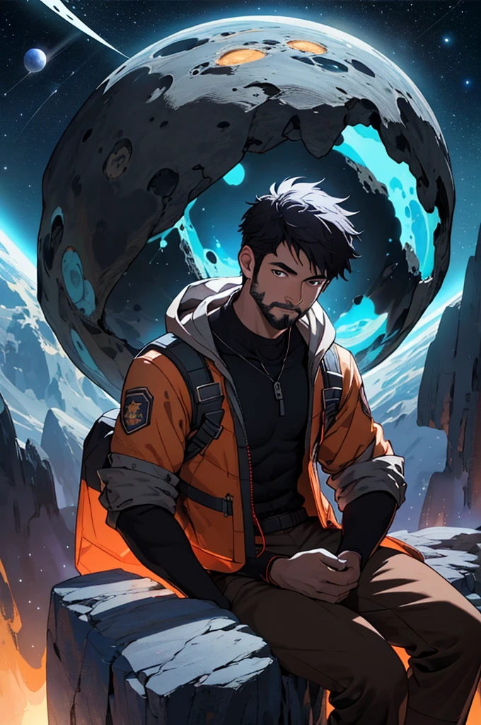 Draw a young programmer, sitting on a research platform floating in the middle of an asteroid belt. He is studying with a notebook, surrounded by several asteroids glowing with fiery auras. Dramatic lighting from distant stars and planets illuminates the scene, casting deep shadows on the suit. The young man looks confident and determined, looking at the vast and mysterious universe with wonder and respect,facial hair, cowboy shot,