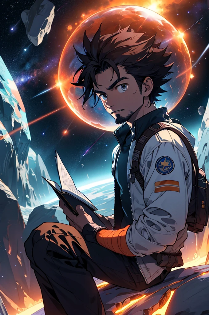 Draw a young programmer, sitting on a research platform floating in the middle of an asteroid belt. He is studying with a notebook, surrounded by several asteroids glowing with fiery auras. Dramatic lighting from distant stars and planets illuminates the scene, casting deep shadows on the suit. The young man looks confident and determined, looking at the vast and mysterious universe with wonder and respect,facial hair, cowboy shot,