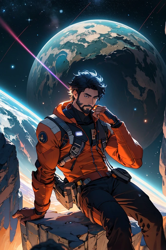 Draw a young programmer, sitting on a research platform floating in the middle of an asteroid belt. He is studying with a notebook, surrounded by several asteroids glowing with fiery auras. Dramatic lighting from distant stars and planets illuminates the scene, casting deep shadows on the suit. The young man looks confident and determined, looking at the vast and mysterious universe with wonder and respect,facial hair, cowboy shot,
