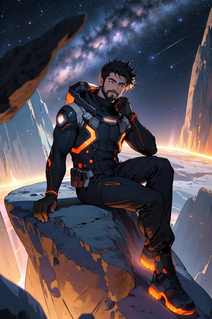 Draw a young programmer, sitting on a research platform floating in the middle of an asteroid belt. He is studying with a notebook, surrounded by several asteroids glowing with fiery auras. Dramatic lighting from distant stars and planets illuminates the scene, casting deep shadows on the suit. The young man looks confident and determined, looking at the vast and mysterious universe with wonder and respect,facial hair, cowboy shot,
