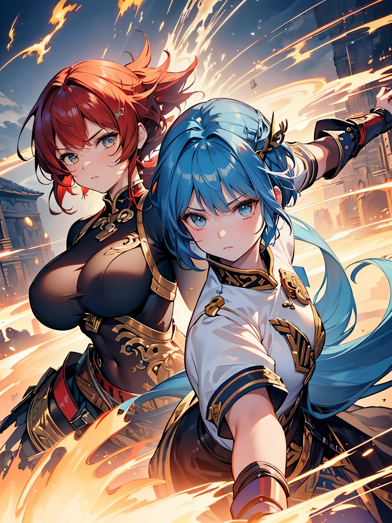 ((highest quality)),(ultra high resolution),(Super detailed),(detailed description),((best CG)),(best work of art),super precision art,amazing drawing art,(Fantasy art with precise details:1.5), ((two female warriors:1.8)),dynamic pose:1.5, (red short hair female warrior:1.5),(A strong and beautiful face:1.3), (female warrior with long blue hair:1.5), ((Dynamic combination technique:1.8)),explosive flame,diffusion,impact