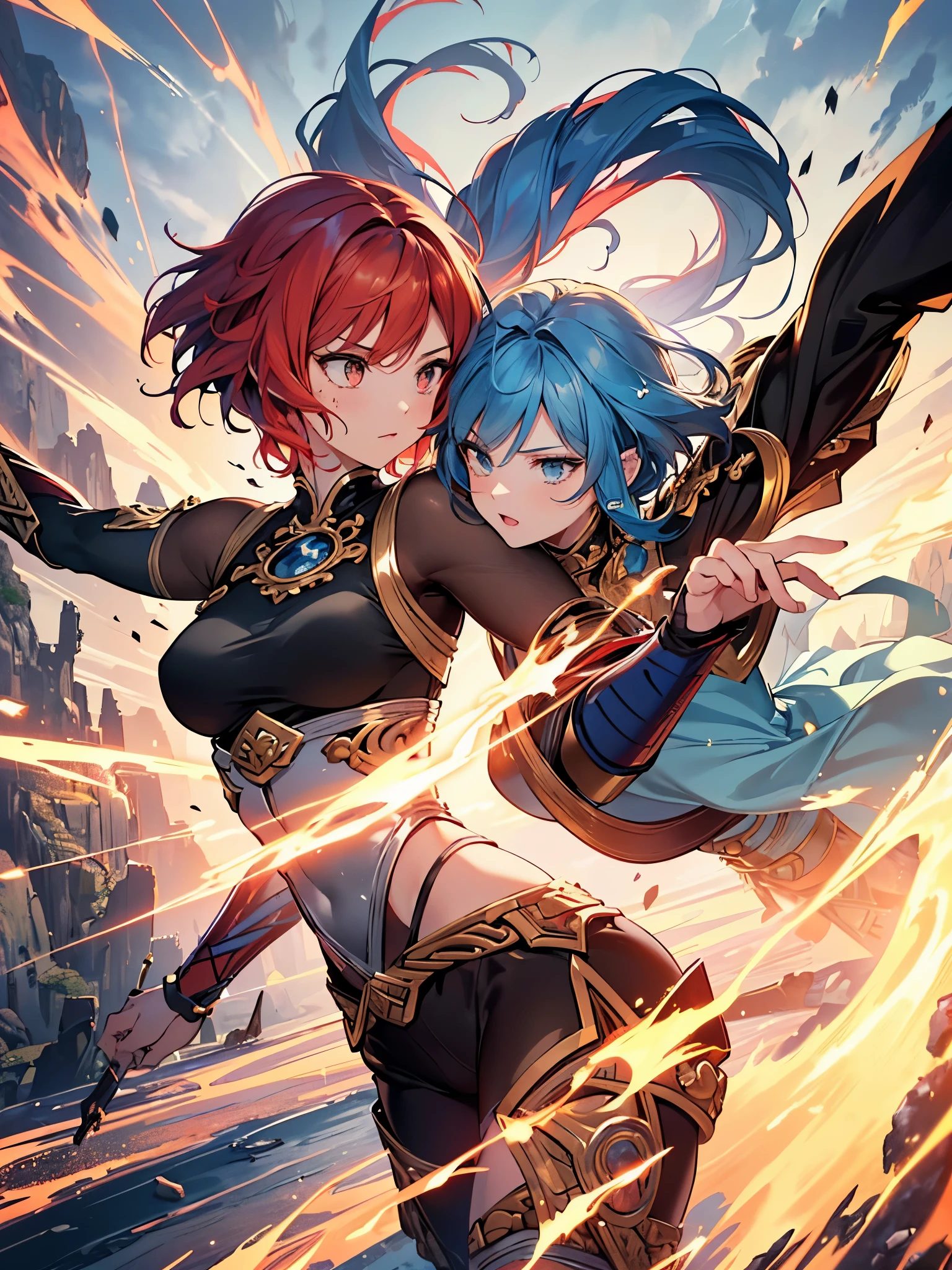 ((highest quality)),(ultra high resolution),(Super detailed),(detailed description),((best CG)),(best work of art),super precision art,amazing drawing art,(Fantasy art with precise details:1.5), ((two female warriors:1.8)),dynamic pose:1.5, (red short hair female warrior:1.5),(A strong and beautiful face:1.3), (female warrior with long blue hair:1.5), ((Dynamic combination technique:1.8)),explosive flame,diffusion,impact