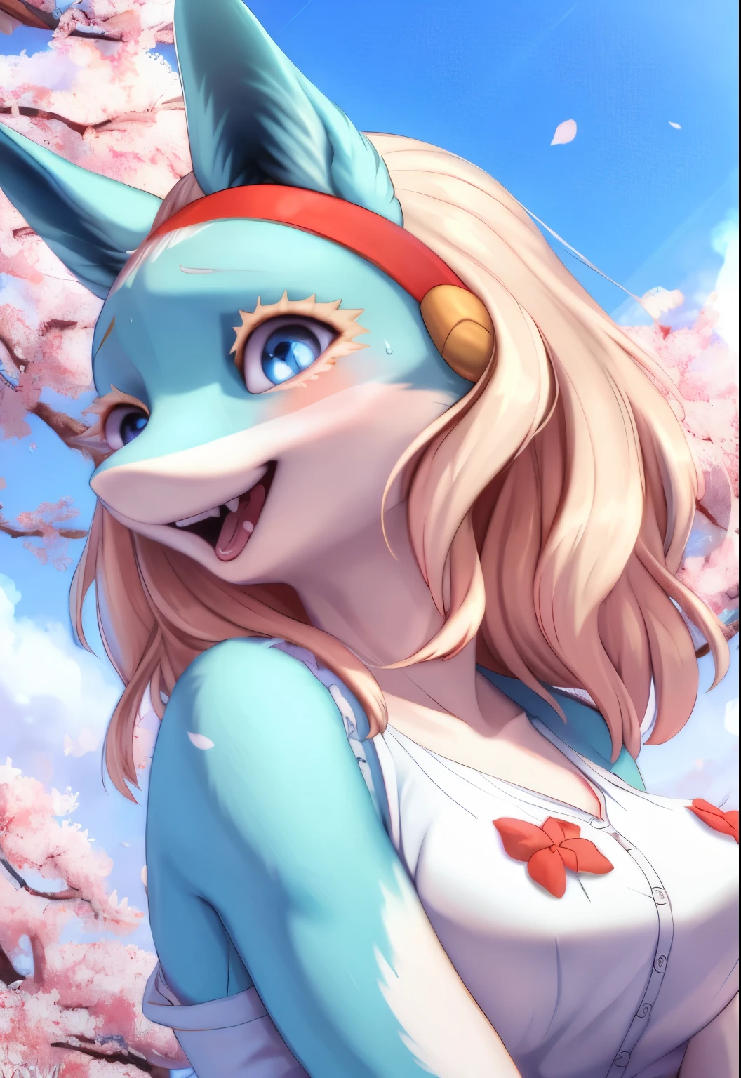 a beautiful and detailed kemono portrait of ippan josei, red dress shirt, outside, honovy hioshiru personalami, blue body, white body, smile, happy,hairband, looking at viewer, close up, medium breasts,cel shading, ((mouth open)), tongue, blush, sakura blossom, falling sakura leaves,shaded,teeth, posing, blue eyes, pupils, cinematic lighting, cinematic, vivid colors, sweat